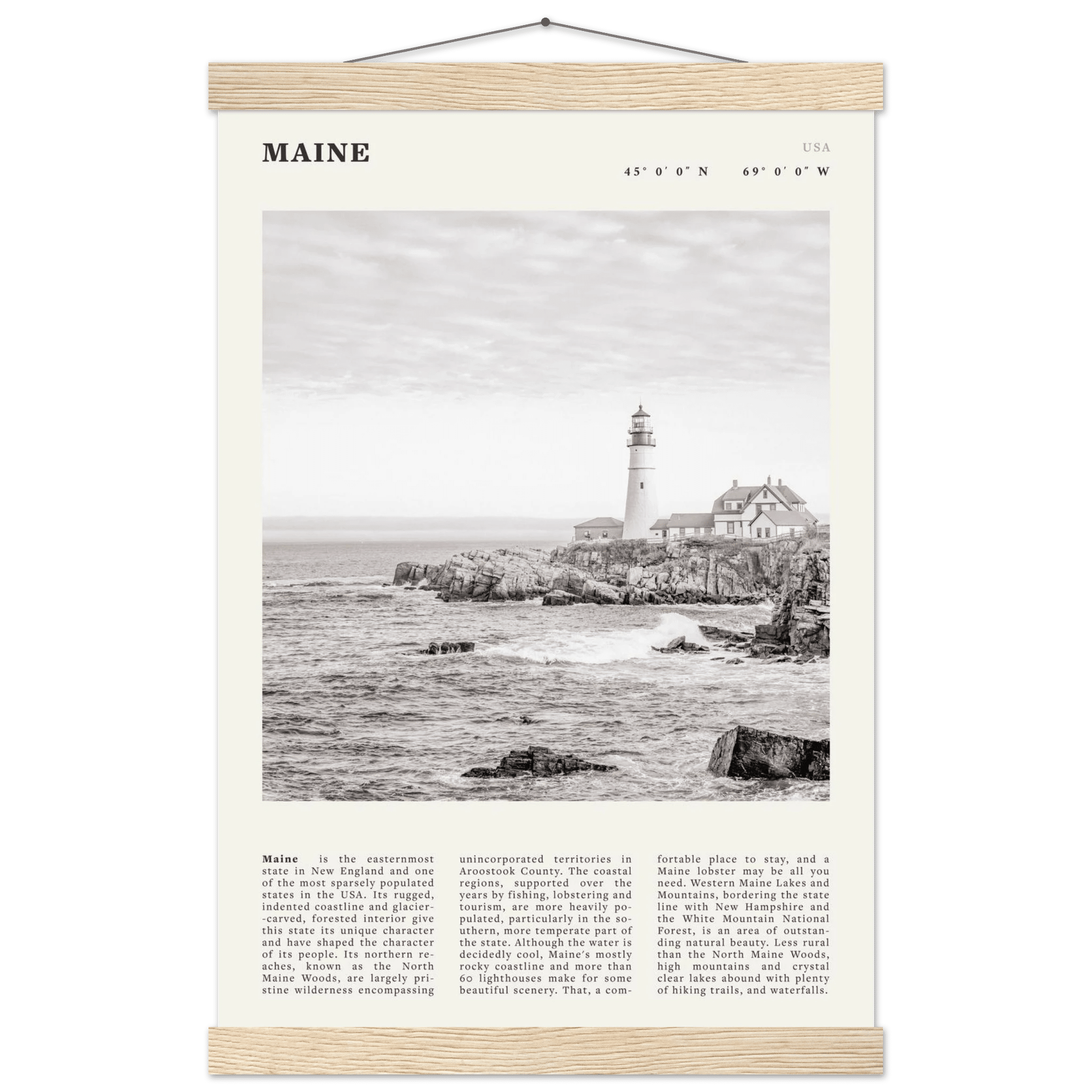 Maine Poster | Black & White Lighthouse Wall Art | New England Coastal Travel Print - Evergreen Posters