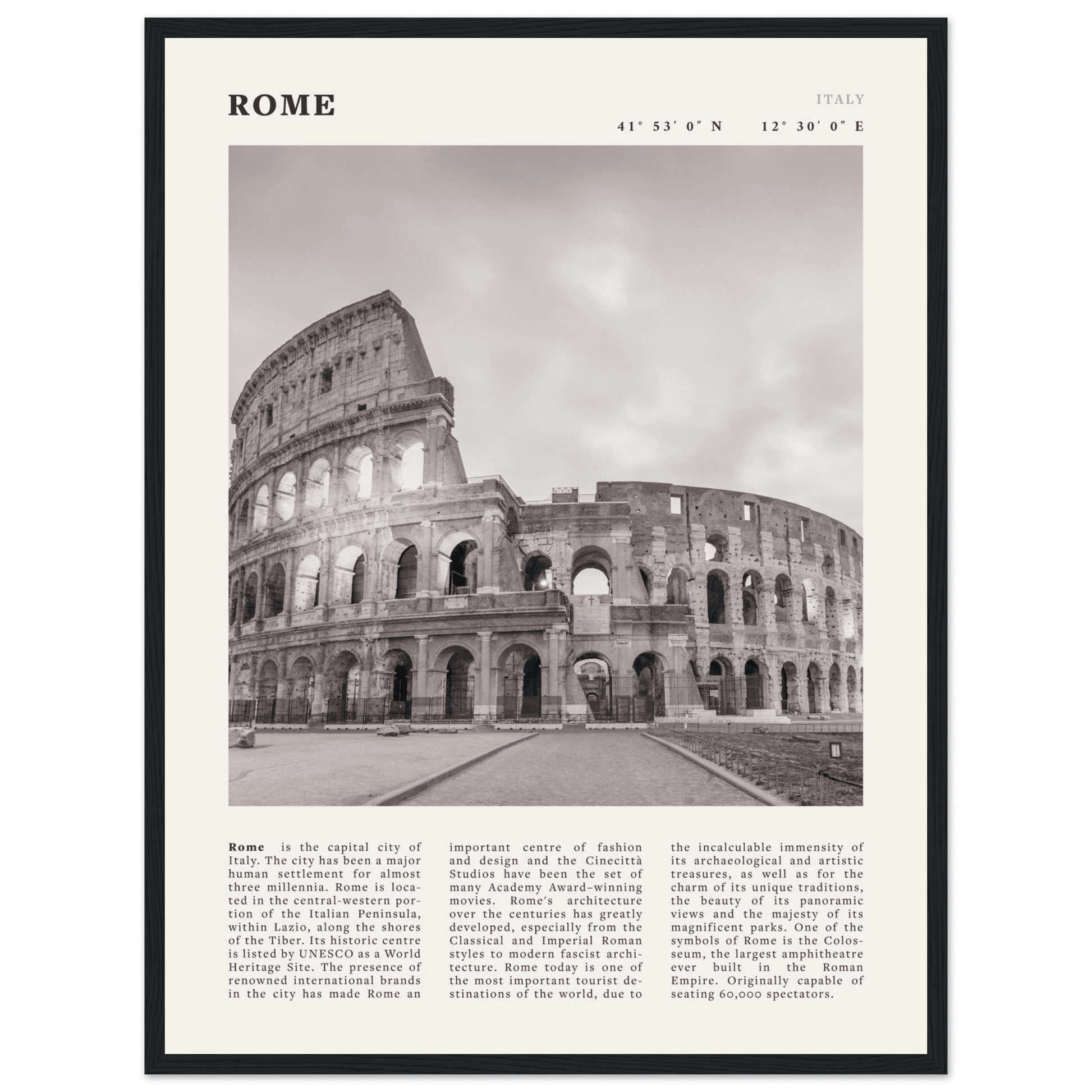 Rome Poster | Black & White Colosseum Wall Art | Italy Travel Print | Roman Decor - Evergreen Posters