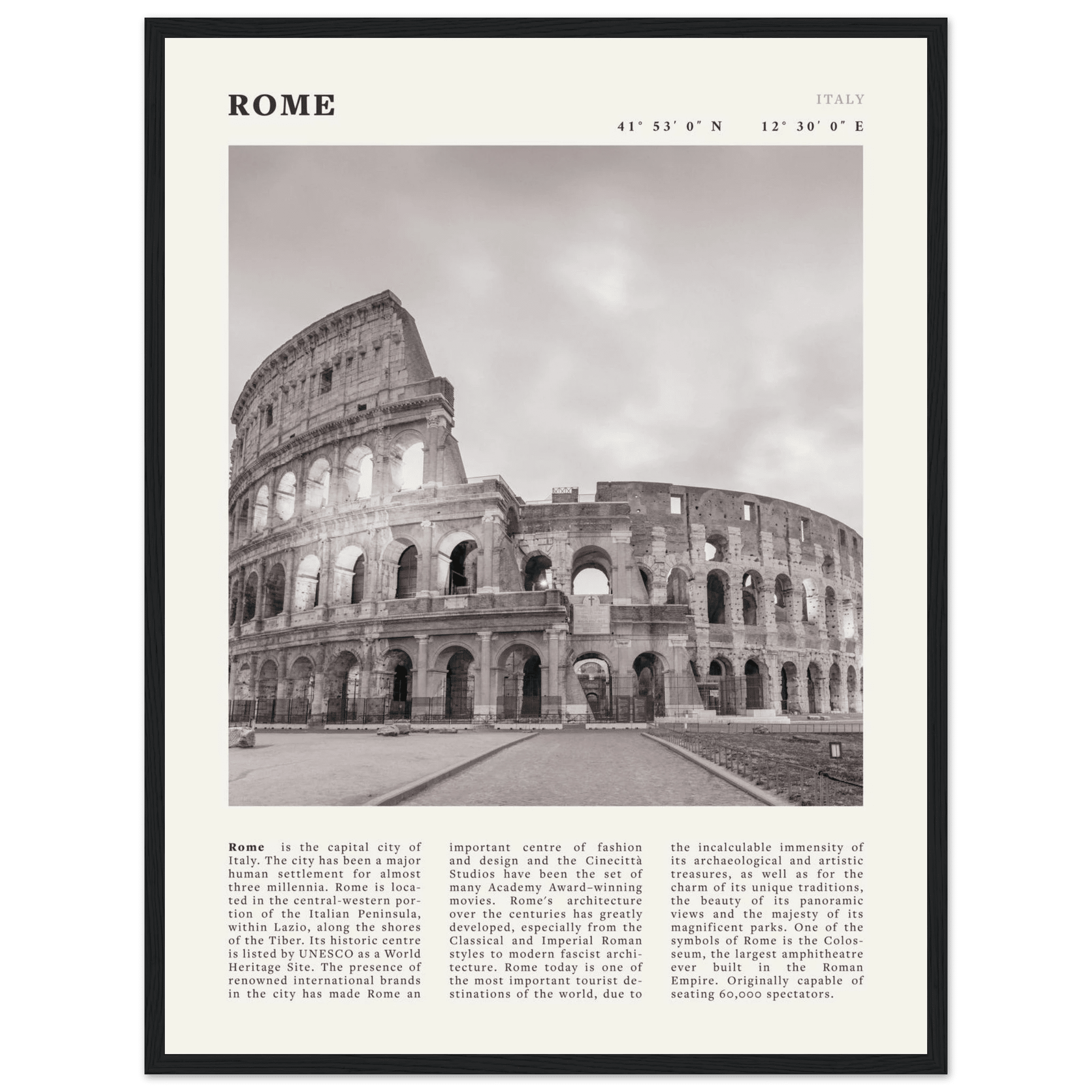 Rome Poster | Black & White Colosseum Wall Art | Italy Travel Print | Roman Decor - Evergreen Posters