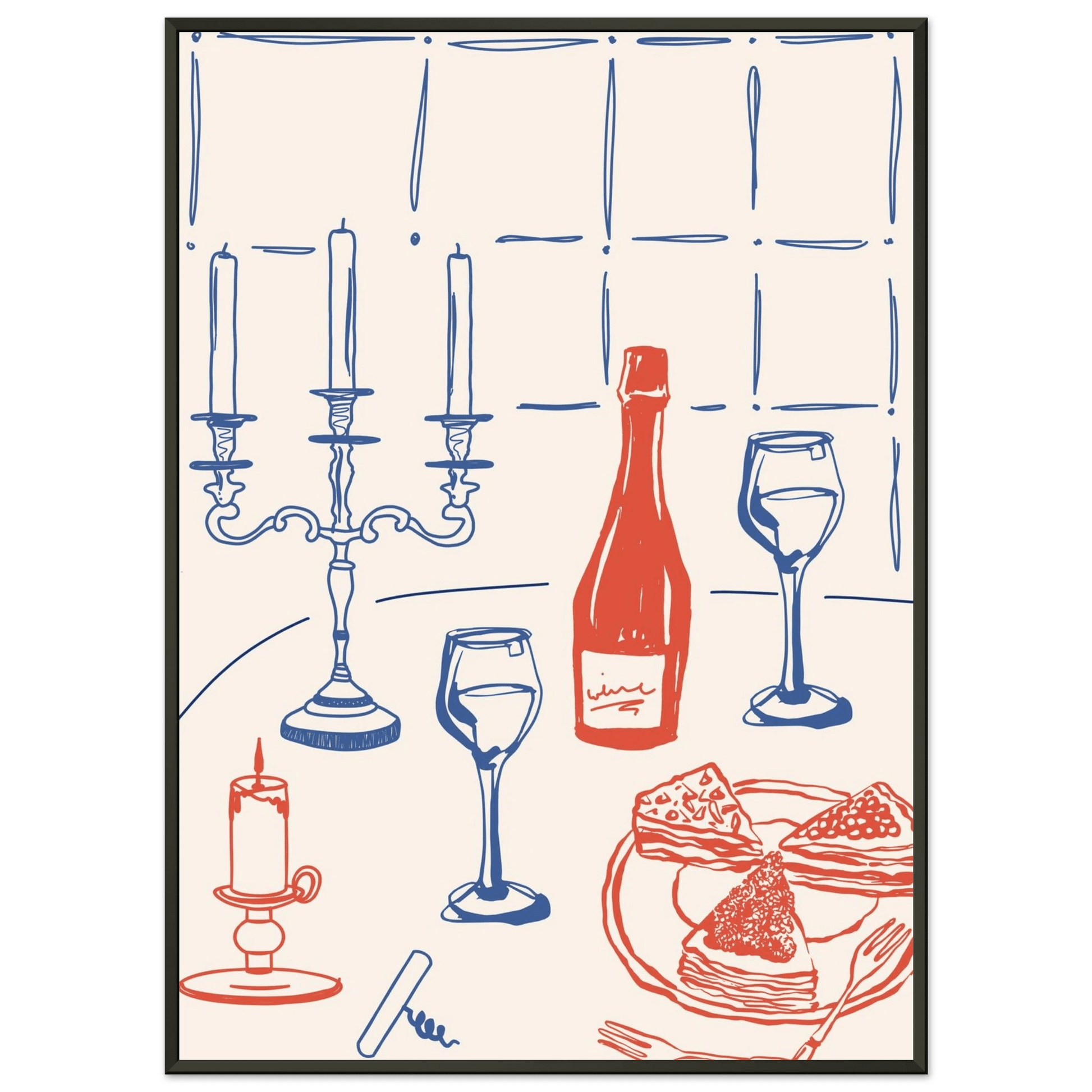 Candlelight Dinner Print | Wine & Candelabra Line Art Wall Art | Kitchen Poster - Evergreen Posters