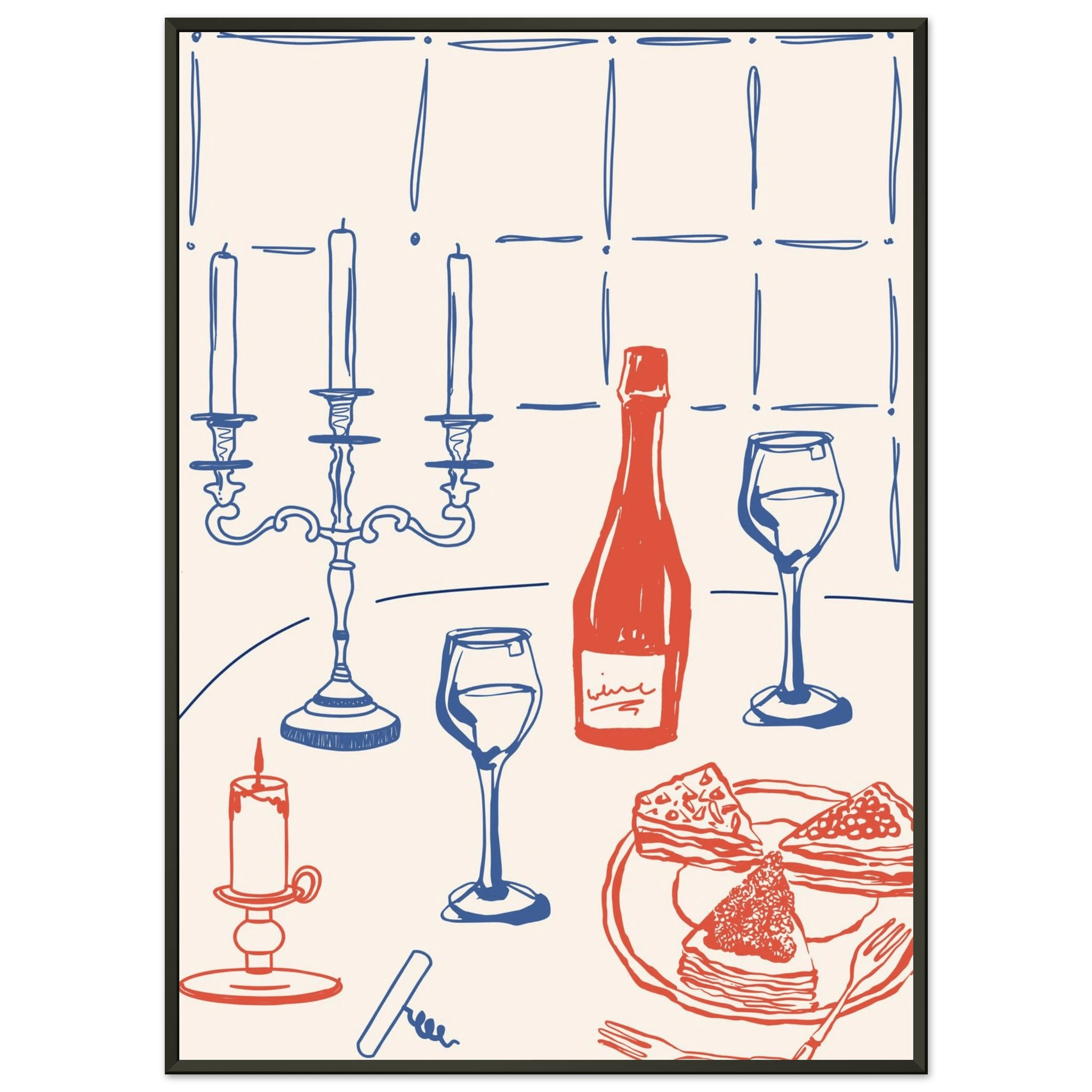 Candlelight Dinner Print | Wine & Candelabra Line Art Wall Art | Kitchen Poster - Evergreen Posters