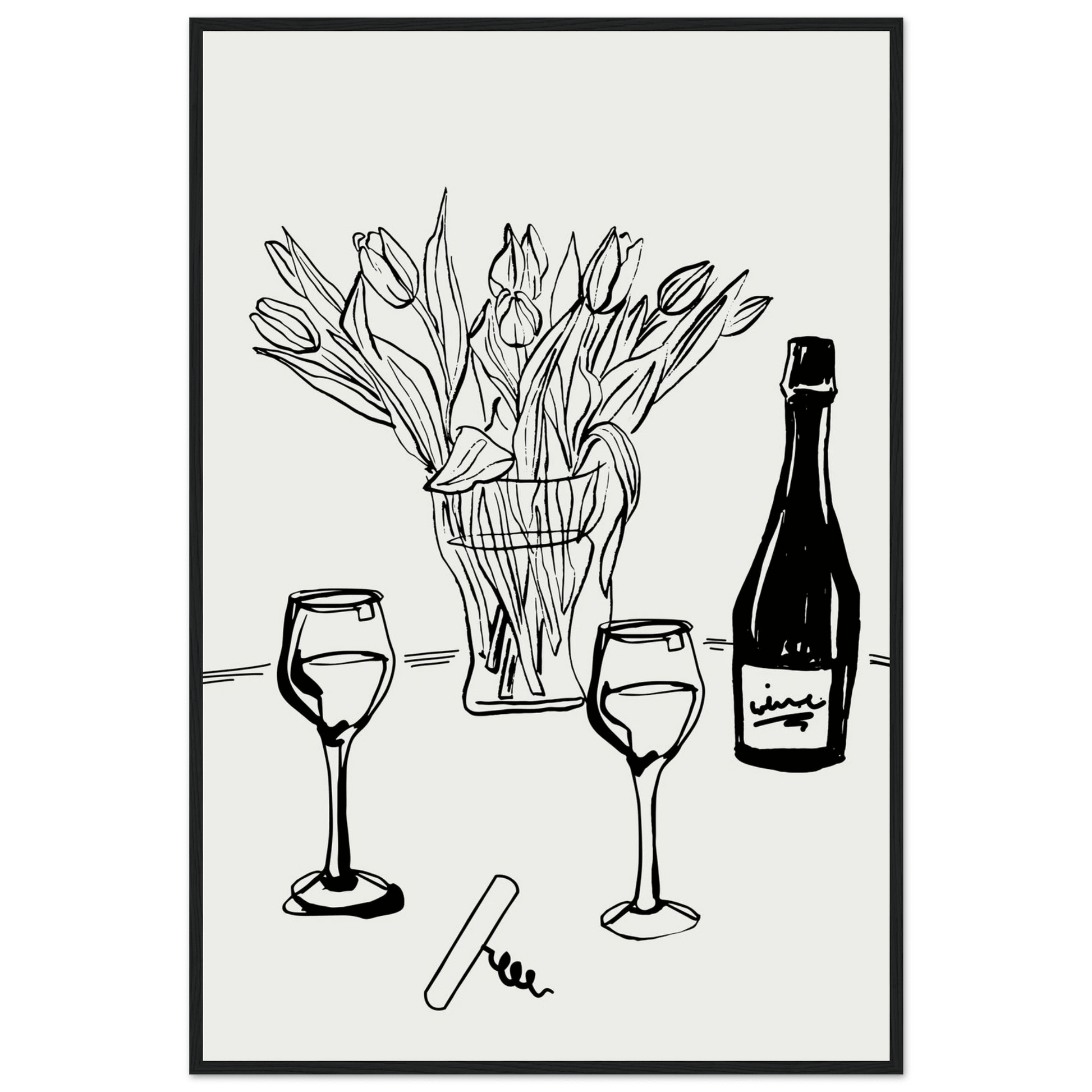 Wine & Tulips Print | Black Line Art Wine Bottle Wall Art | Minimalist Kitchen Poster - Evergreen Posters