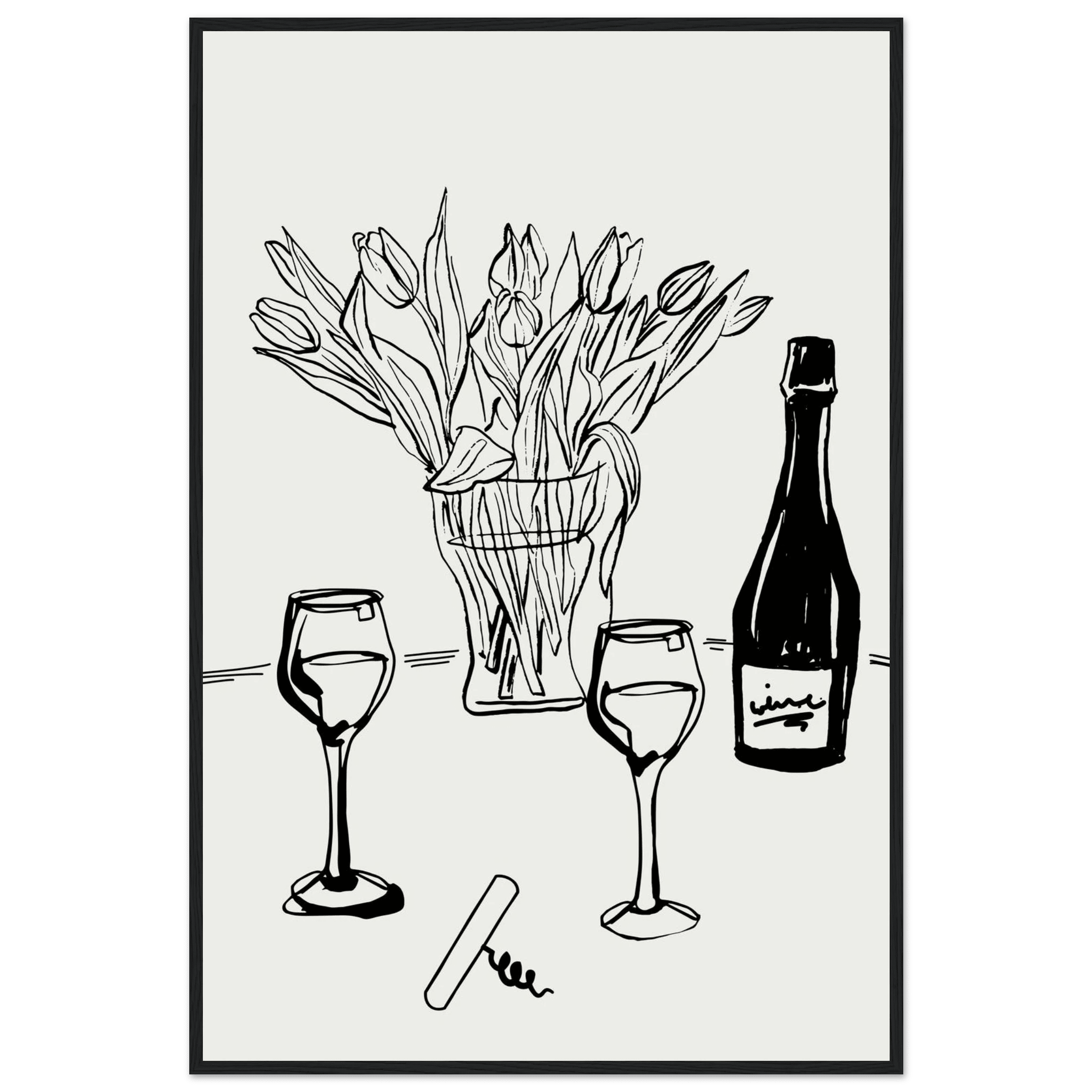 Wine & Tulips Print | Black Line Art Wine Bottle Wall Art | Minimalist Kitchen Poster - Evergreen Posters