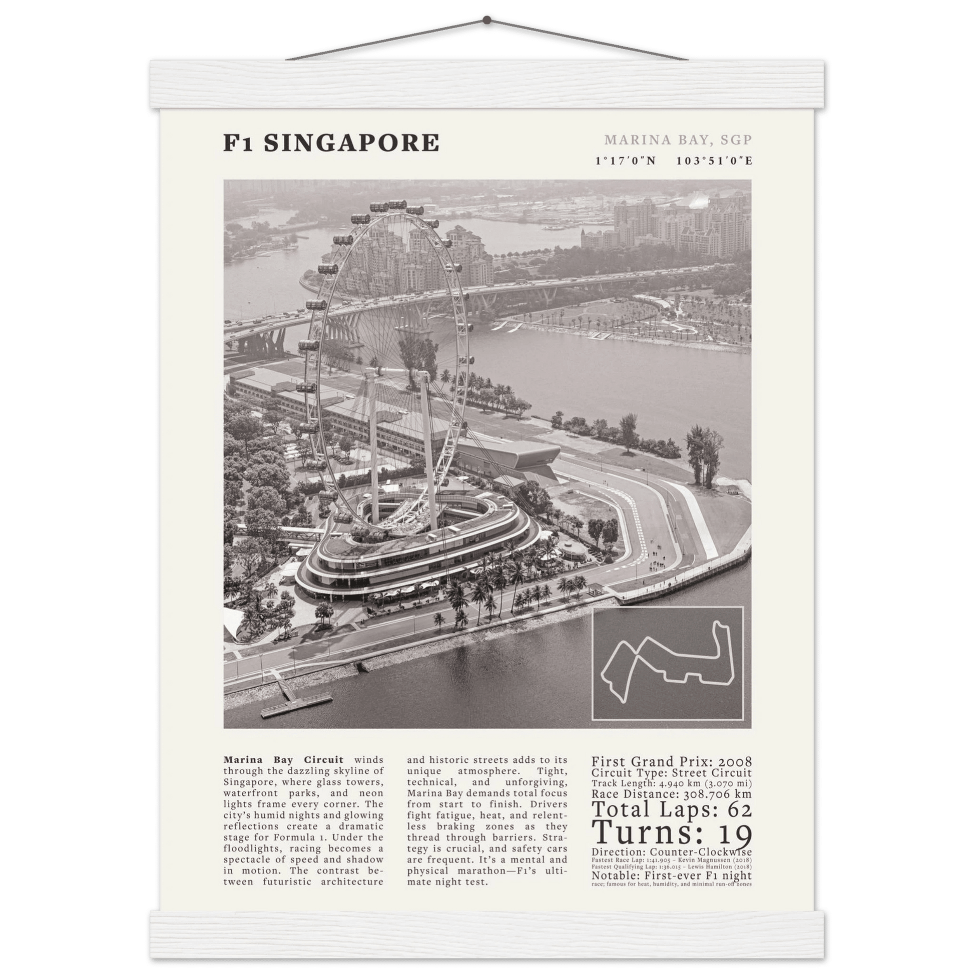 F1 Singapore Poster Black and White – Vintage Marina Bay Night Race Print (Digital & Printed Options) - Evergreen Posters