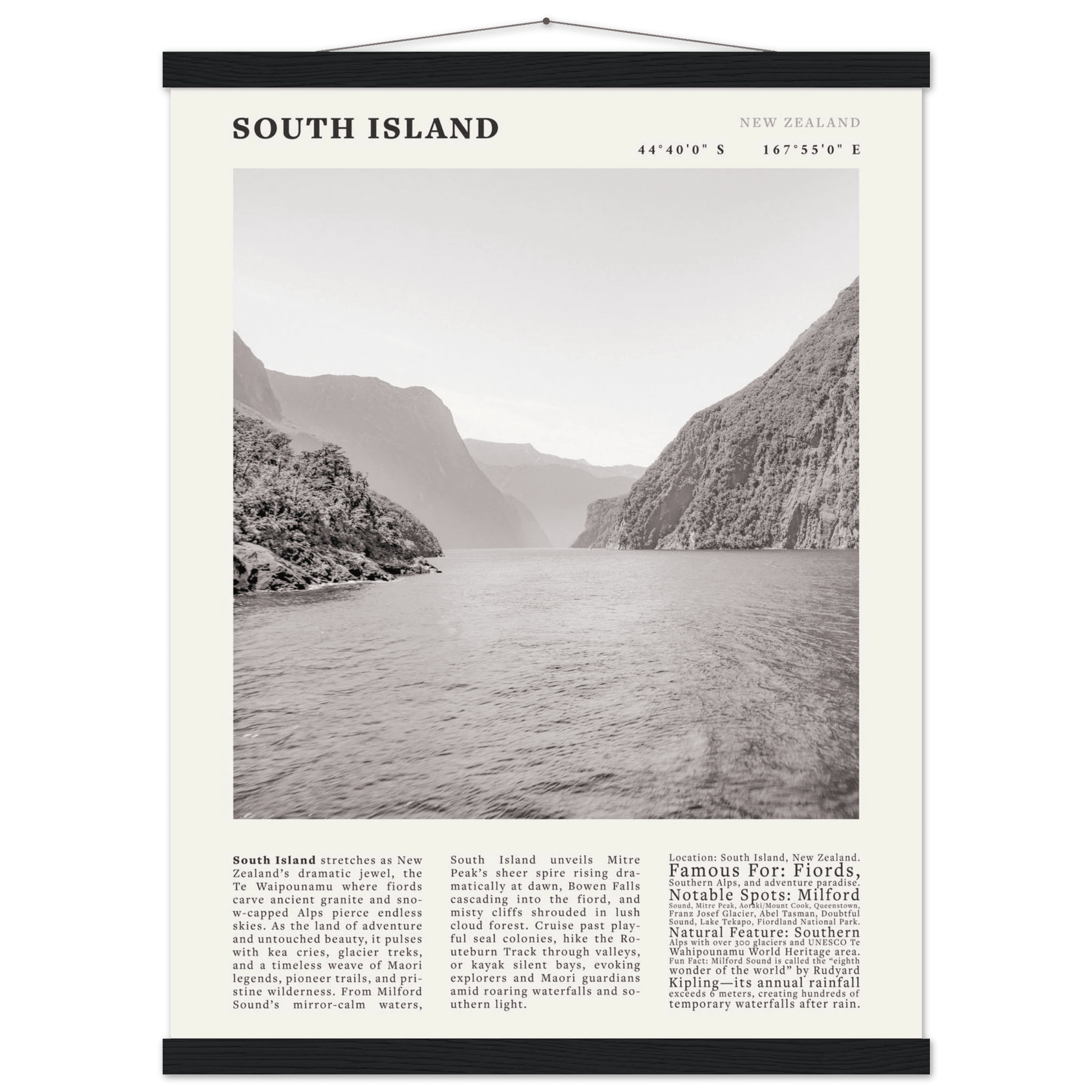 South Island New Zealand Poster Black and White – Vintage Milford Sound Fjord Print - Evergreen Posters