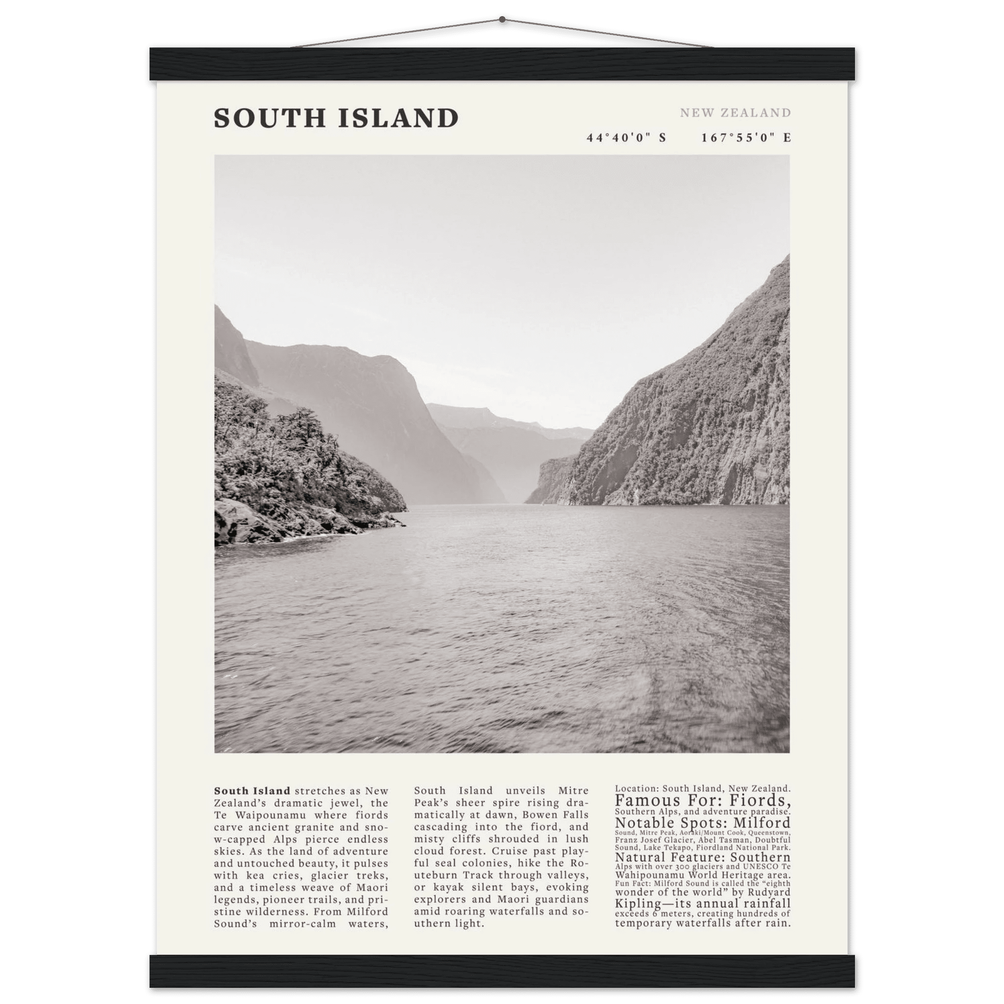 South Island New Zealand Poster Black and White – Vintage Milford Sound Fjord Print - Evergreen Posters