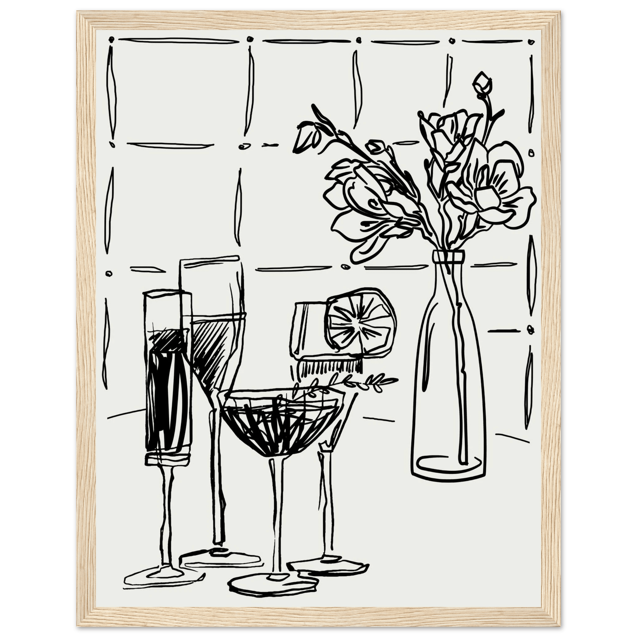 Cocktails & Flowers Print | Black Line Art Drinks Wall Art | Kitchen Bar Poster - Evergreen Posters