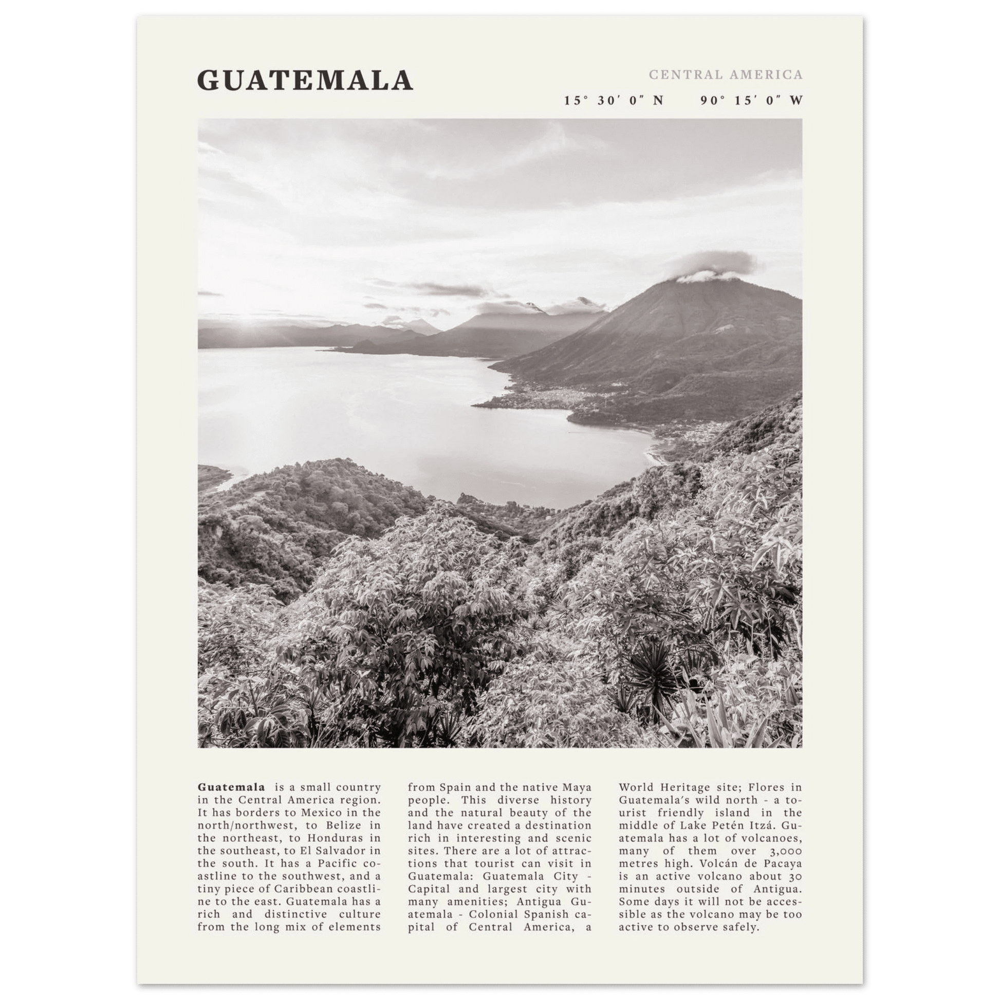 Guatemala Poster | Black & White Lake Atitlan Wall Art | Central America Travel Print - Evergreen Posters