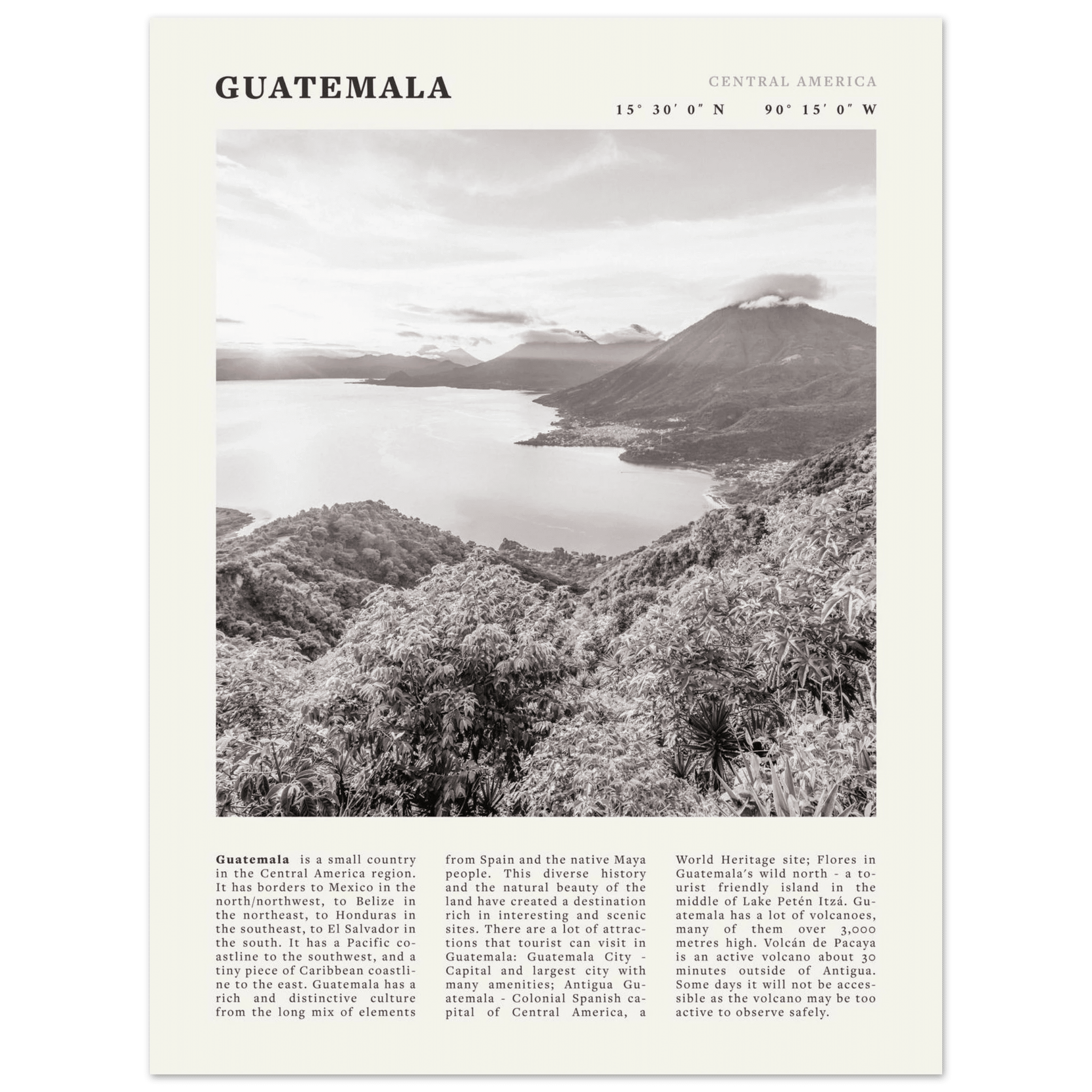 Guatemala Poster | Black & White Lake Atitlan Wall Art | Central America Travel Print - Evergreen Posters