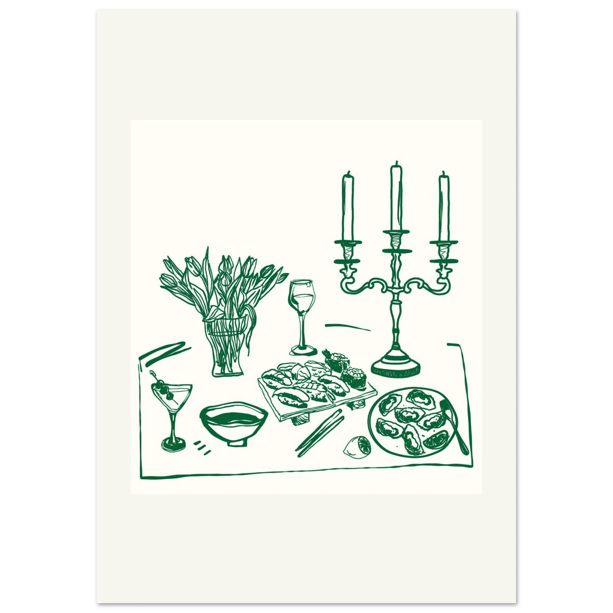 Fine Dining Table Print | Green Line Art Kitchen Wall Art | Elegant Dining Room Poster - Evergreen Posters