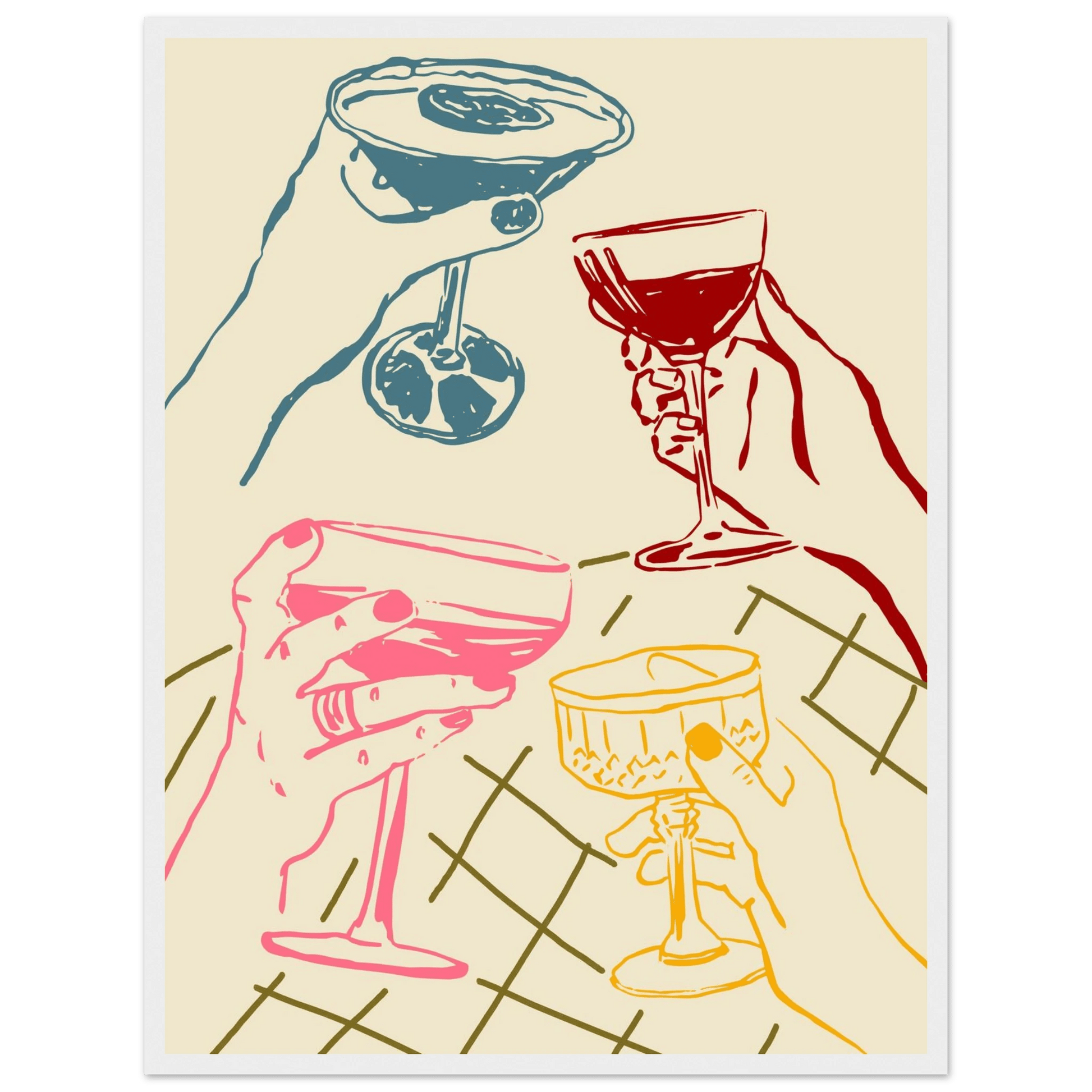 Cheers Print | Colourful Cocktail Glasses Wall Art | Kitchen Bar Poster - Evergreen Posters