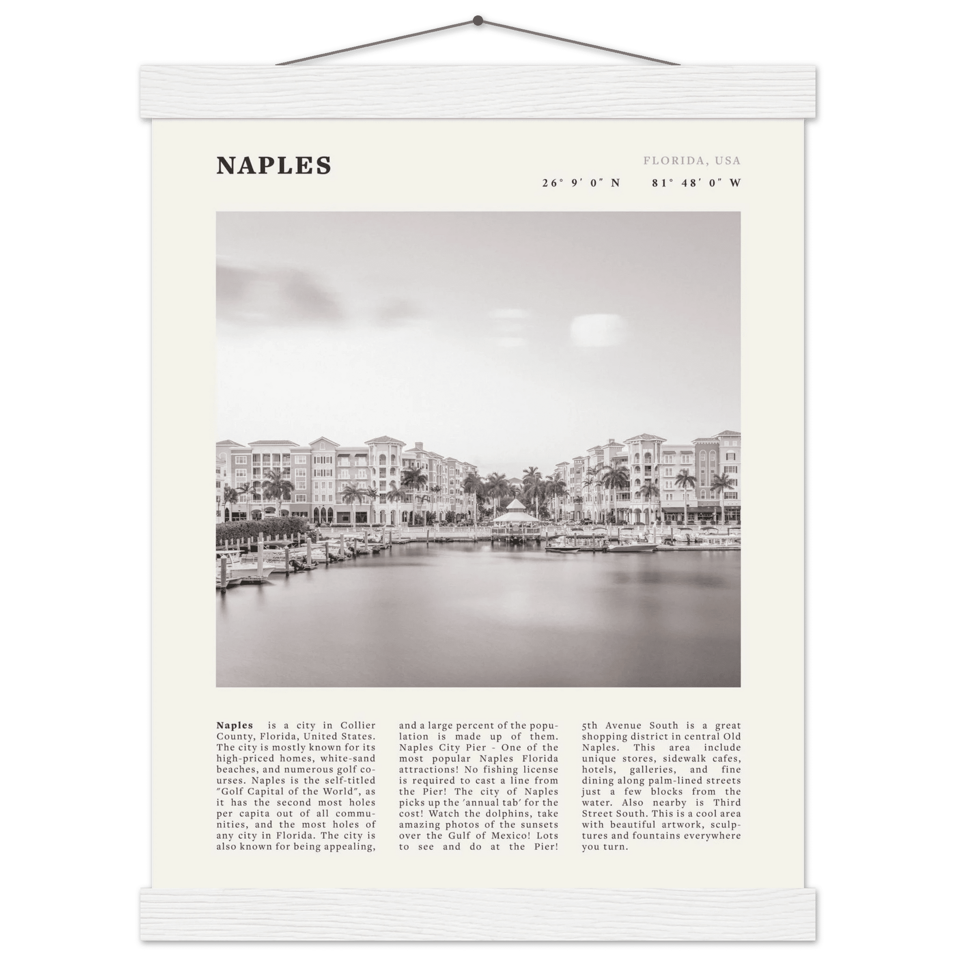 Naples Florida Poster | Black & White Gulf Coast Wall Art | FL Travel Print - Evergreen Posters