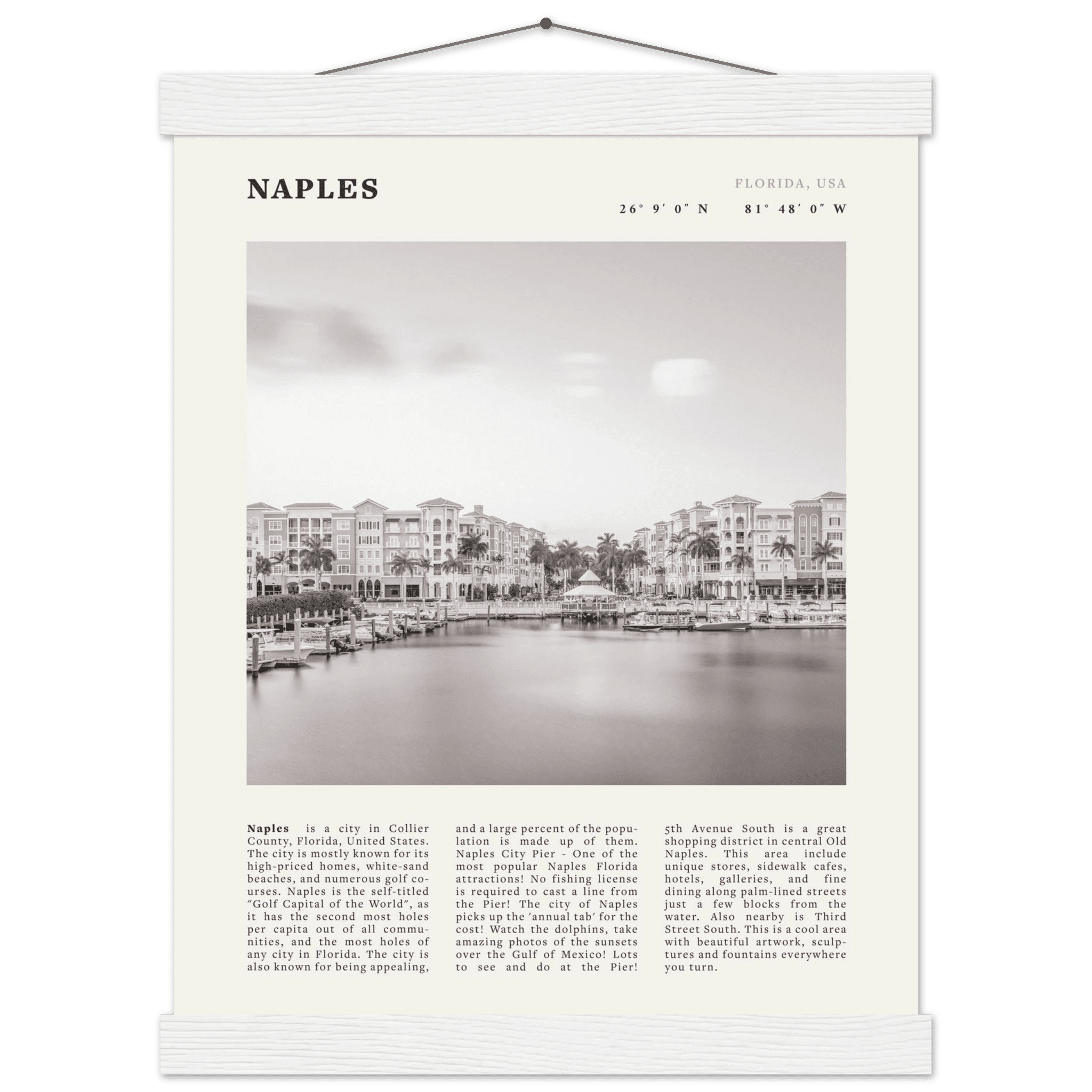 Naples Florida Poster | Black & White Gulf Coast Wall Art | FL Travel Print - Evergreen Posters