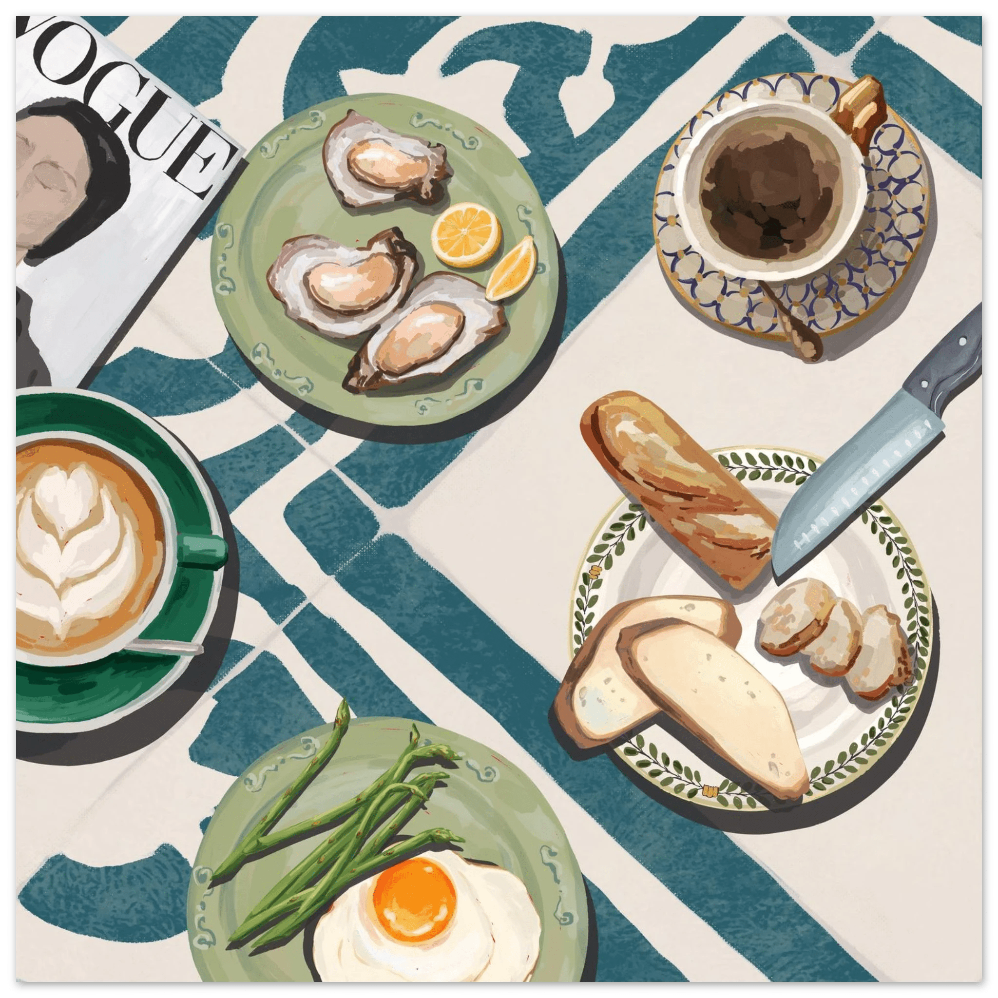 Oysters & Vogue Brunch Poster | Luxury Kitchen Wall Art | Blue Tile Square Print - Evergreen Posters - 18