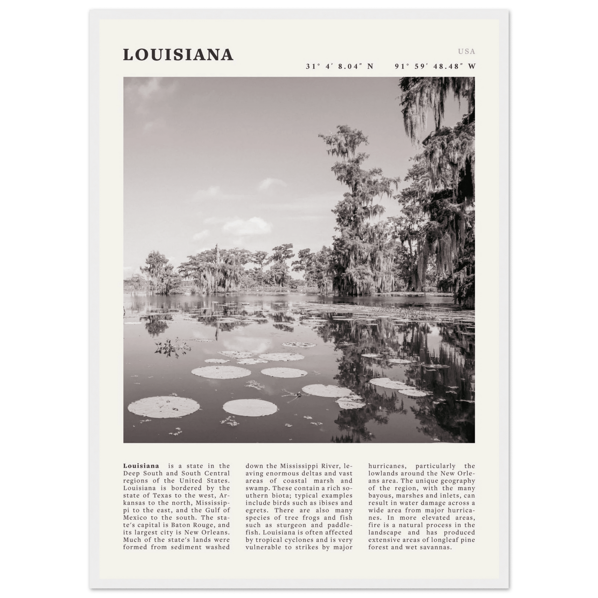 Louisiana Poster | Black & White Bayou Wall Art | Southern USA Travel Print Decor - Evergreen Posters
