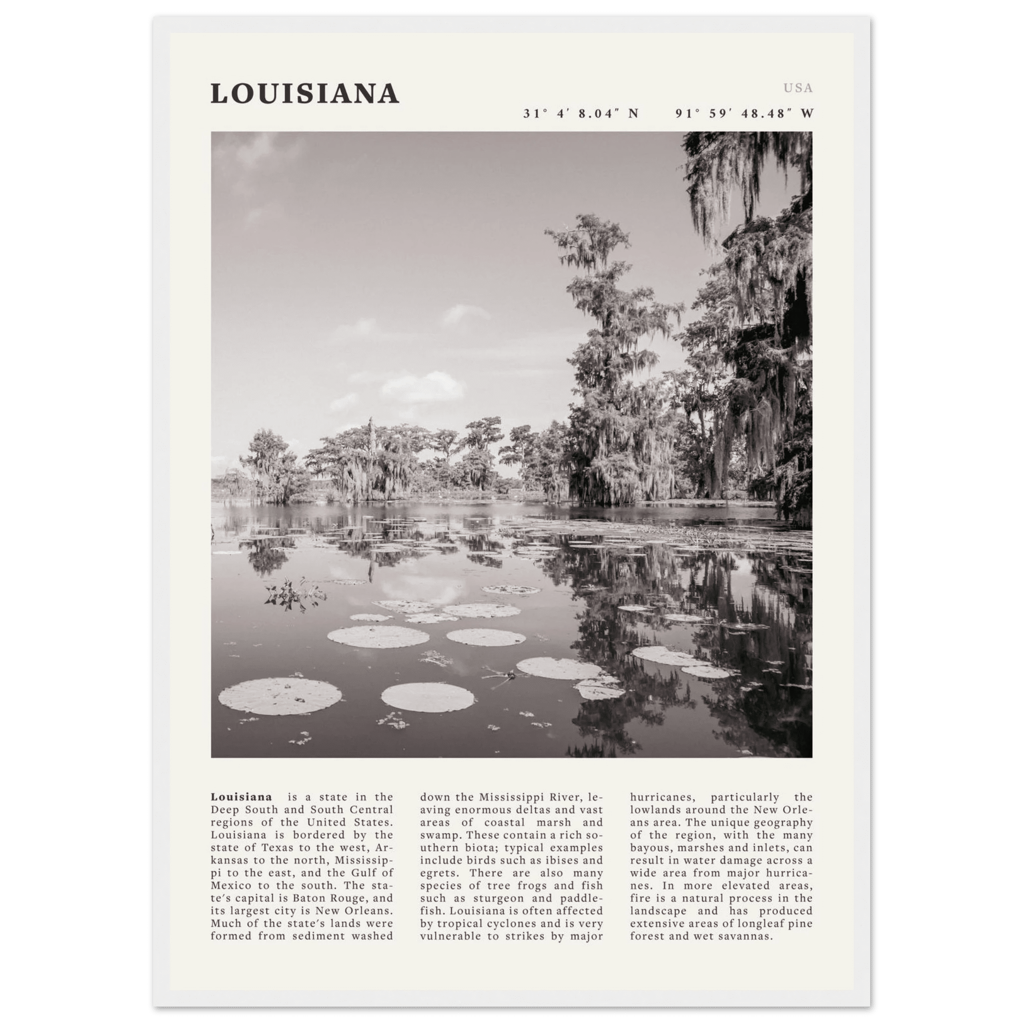 Louisiana Poster | Black & White Bayou Wall Art | Southern USA Travel Print Decor - Evergreen Posters