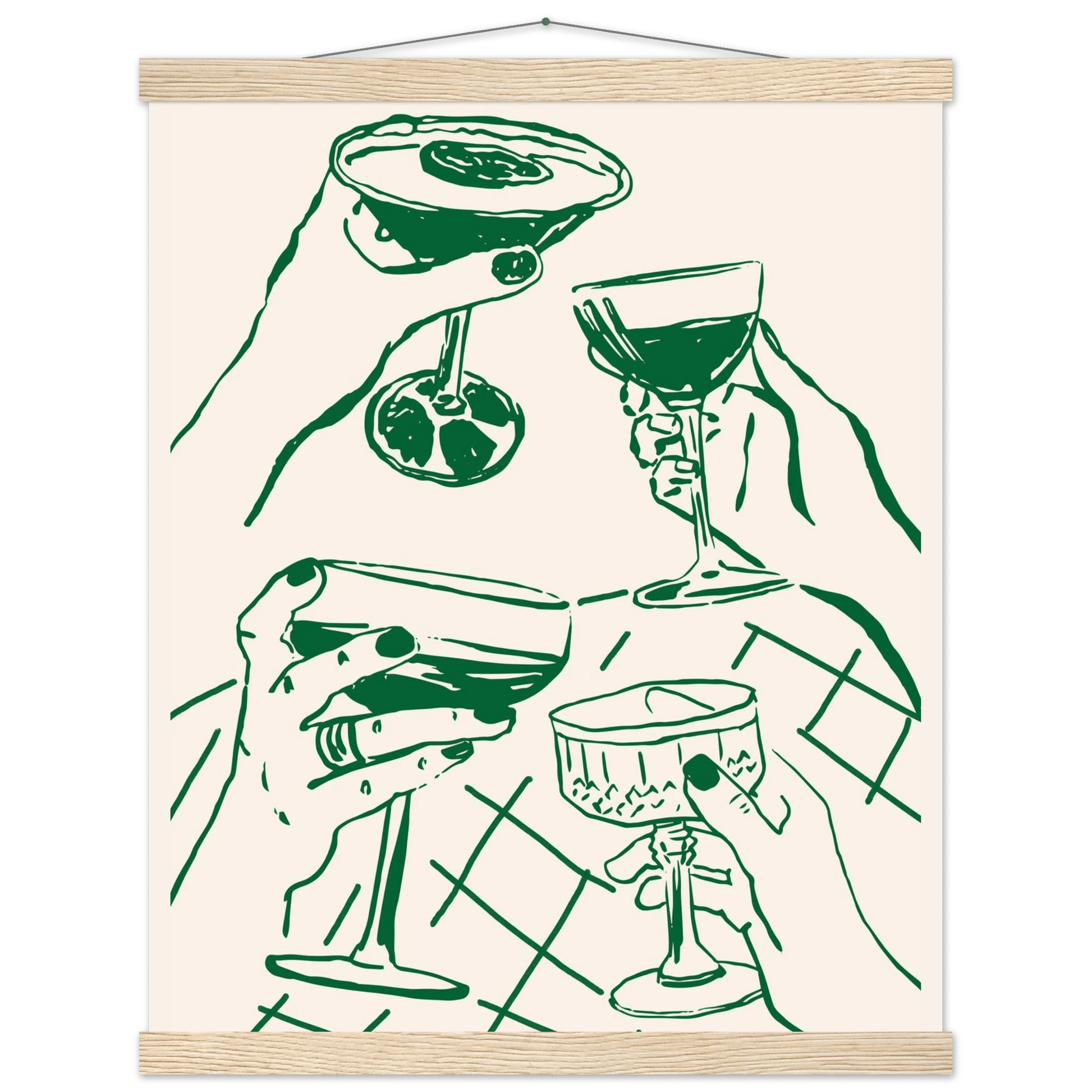 Cheers Print | Forest Green Cocktail Glasses Wall Art | Kitchen Bar Poster - Evergreen Posters