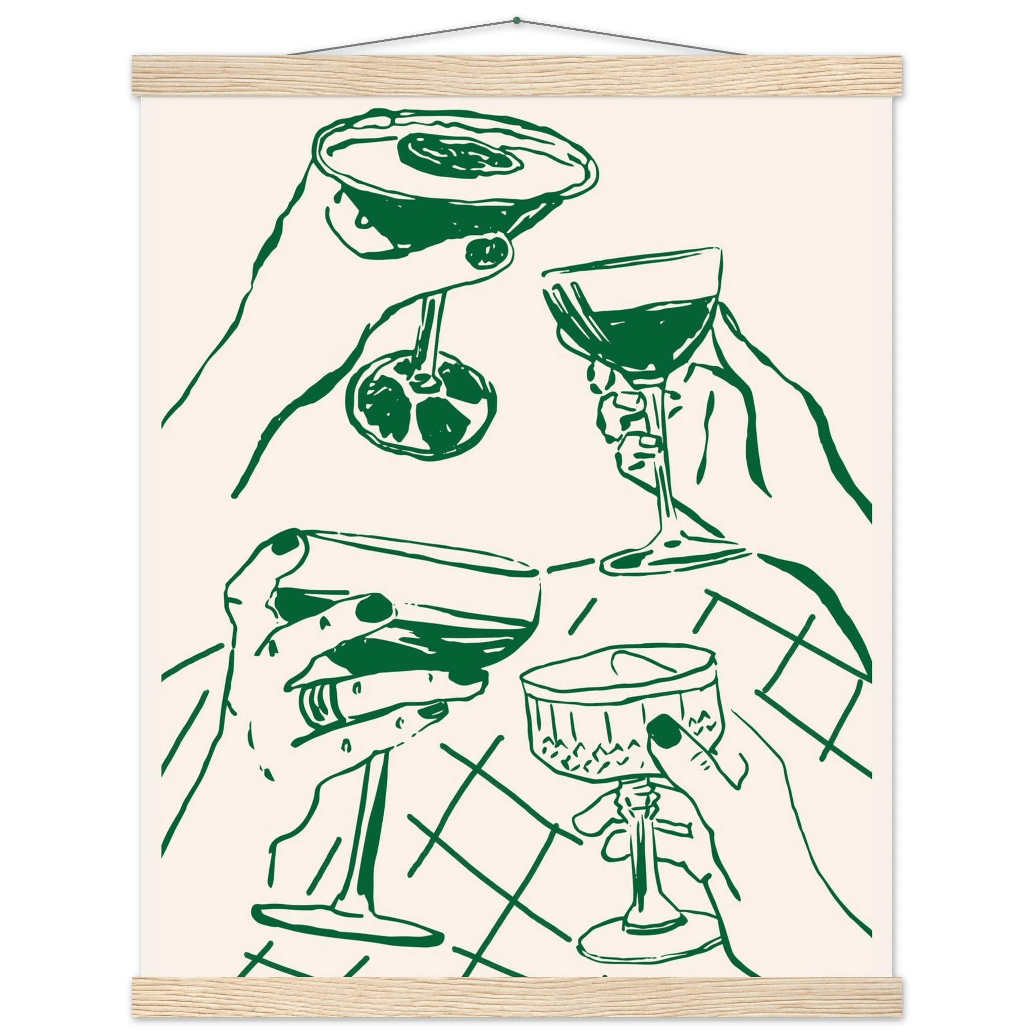 Cheers Print | Forest Green Cocktail Glasses Wall Art | Kitchen Bar Poster - Evergreen Posters