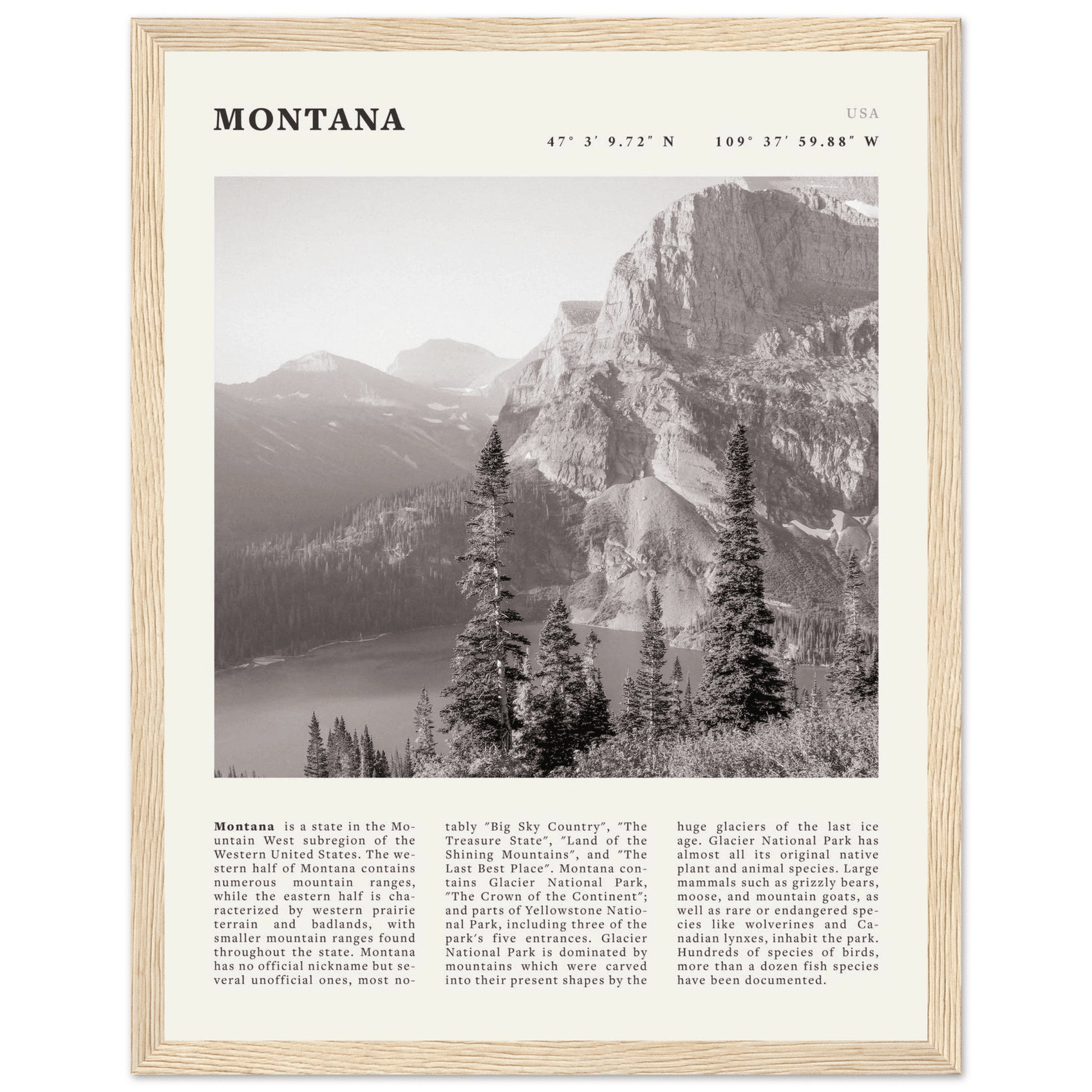 Montana Poster | Black & White Glacier National Park Wall Art | Nature Travel Print - Evergreen Posters