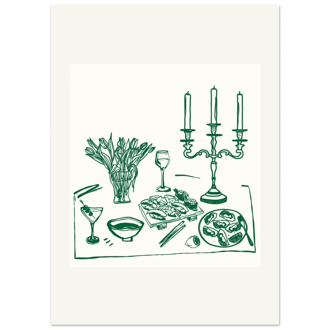 Fine Dining Table Print | Green Line Art Kitchen Wall Art | Elegant Dining Room Poster - Evergreen Posters