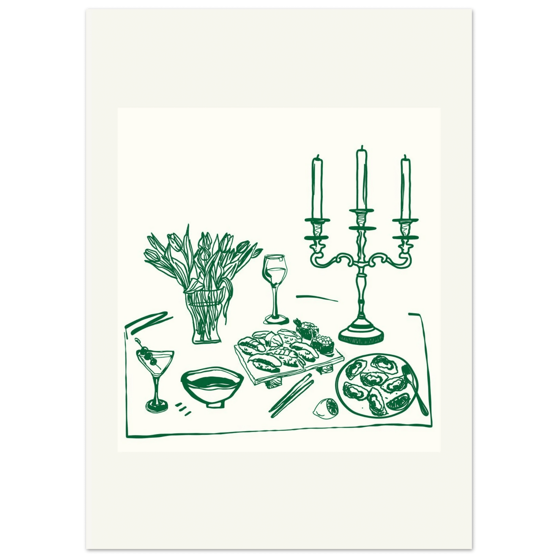 Fine Dining Table Print | Green Line Art Kitchen Wall Art | Elegant Dining Room Poster - Evergreen Posters