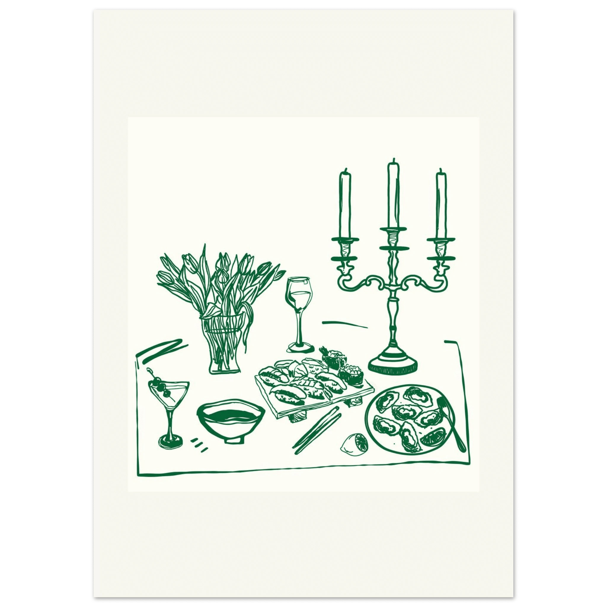 Fine Dining Table Print | Green Line Art Kitchen Wall Art | Elegant Dining Room Poster - Evergreen Posters