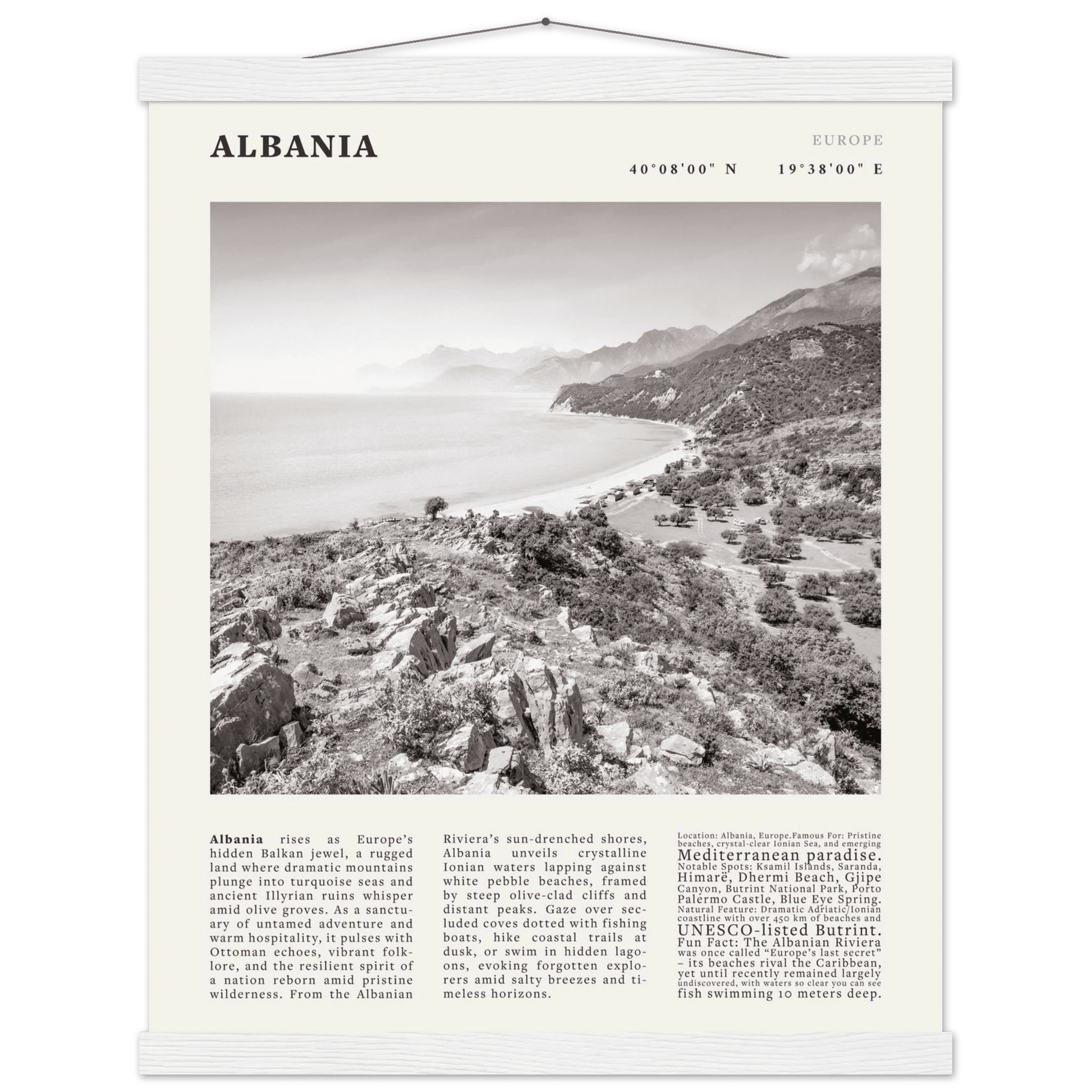 Albania Poster Black and White – Vintage Albanian Riviera Travel Print (Digital & Printed Options) - Evergreen Posters