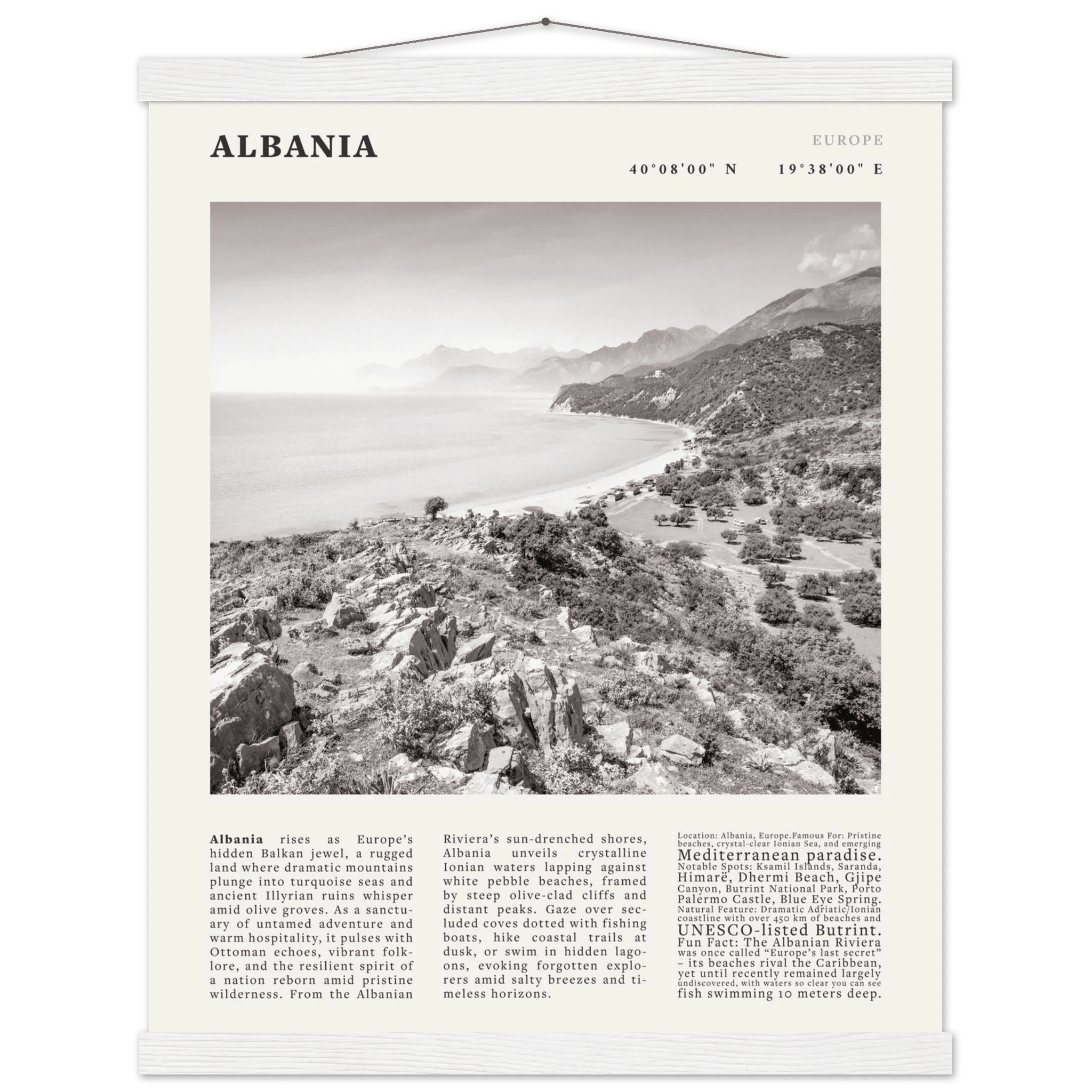 Albania Poster Black and White – Vintage Albanian Riviera Travel Print (Digital & Printed Options) - Evergreen Posters