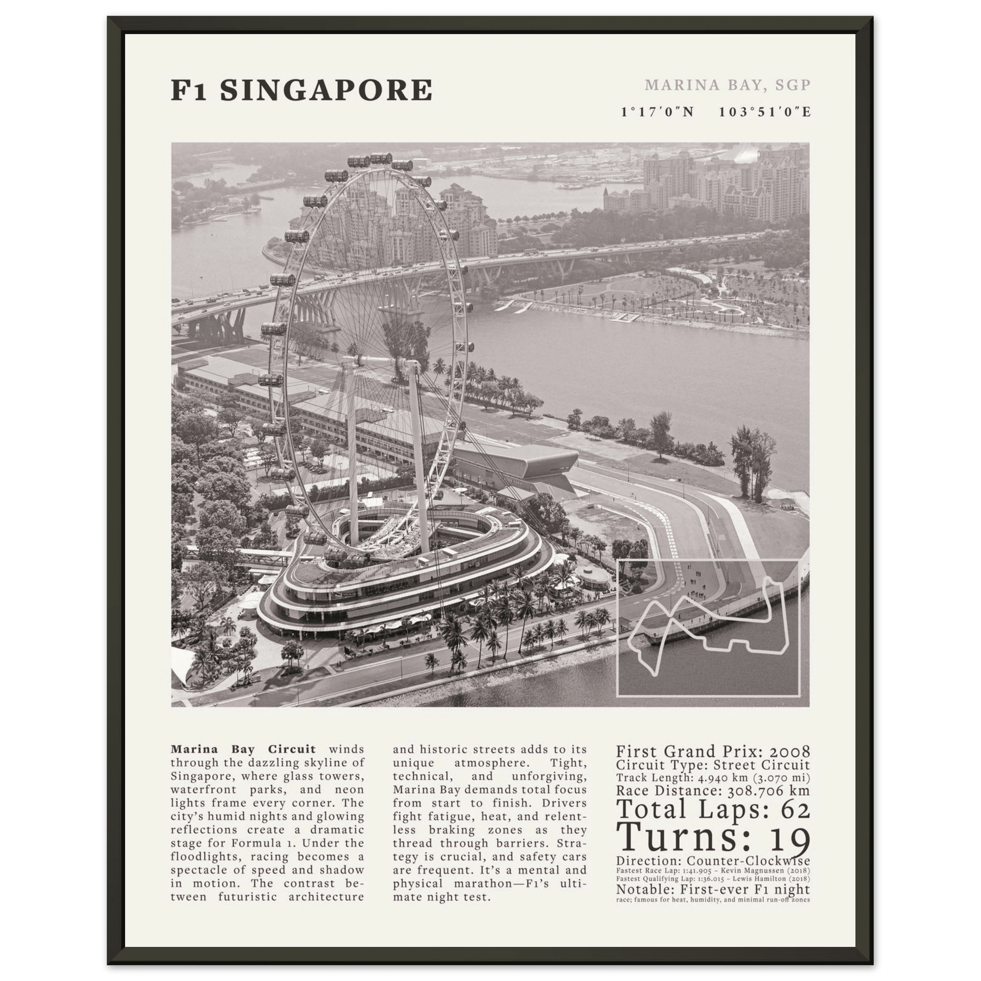 F1 Singapore Poster Black and White – Vintage Marina Bay Night Race Print (Digital & Printed Options) - Evergreen Posters