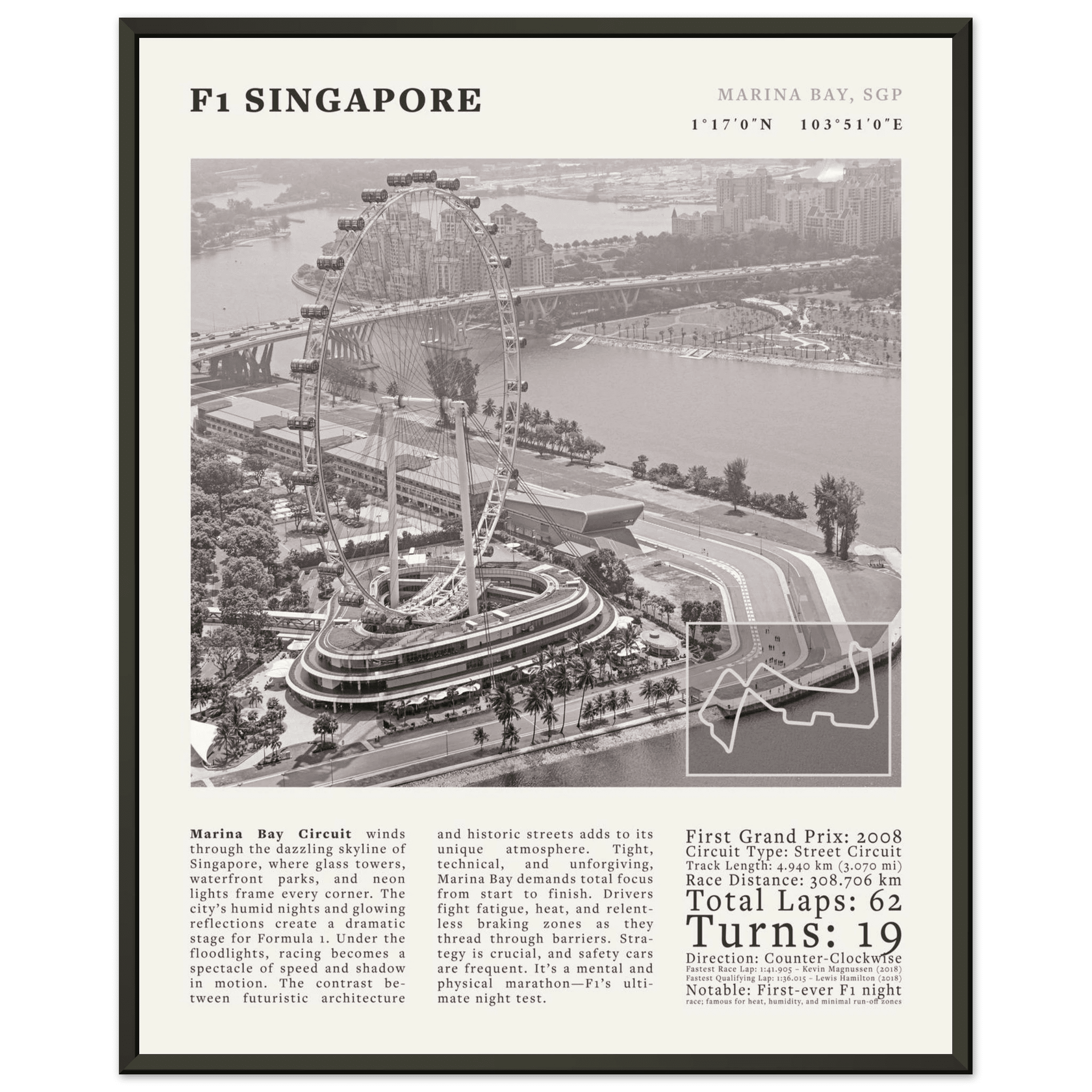 F1 Singapore Poster Black and White – Vintage Marina Bay Night Race Print (Digital & Printed Options) - Evergreen Posters