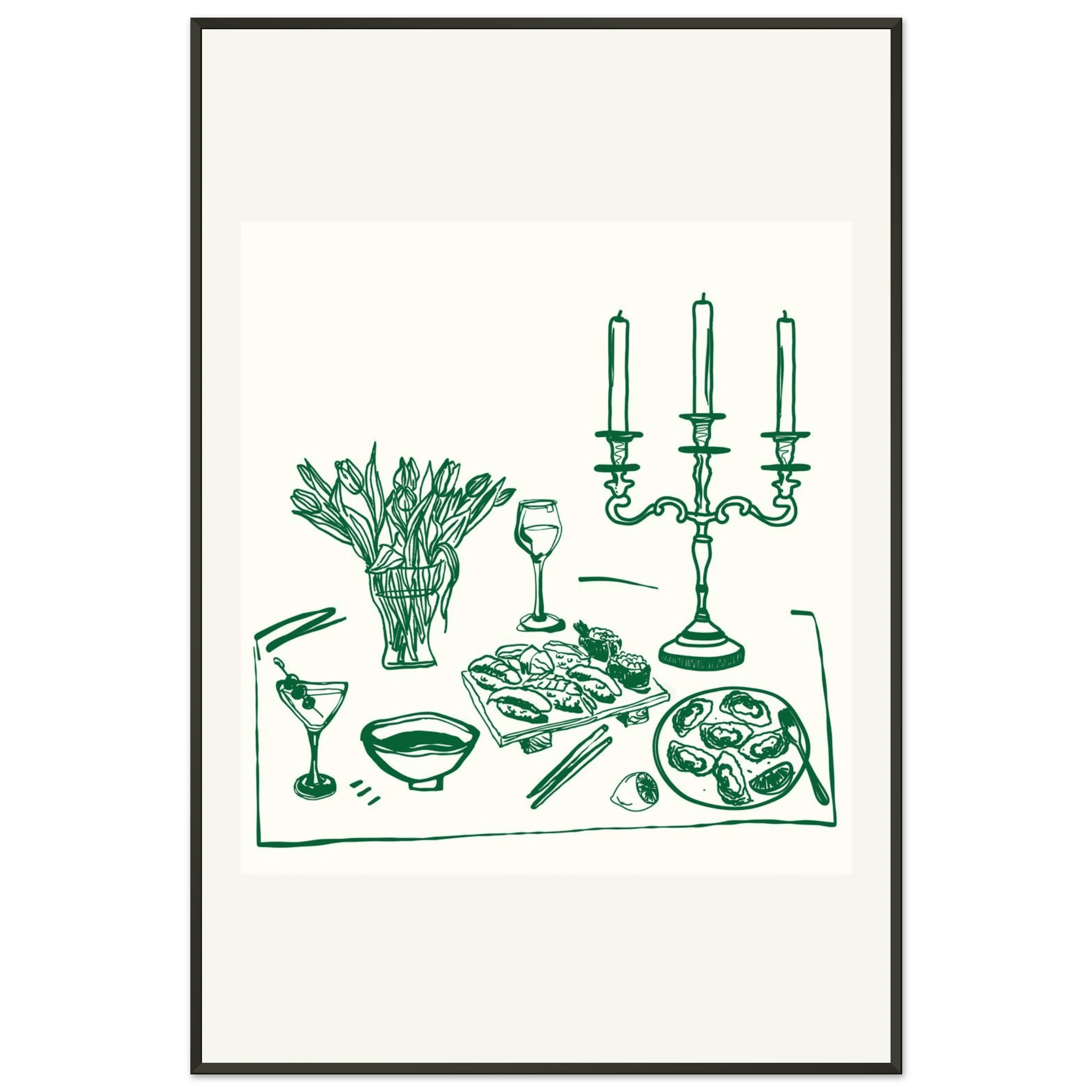 Fine Dining Table Print | Green Line Art Kitchen Wall Art | Elegant Dining Room Poster - Evergreen Posters
