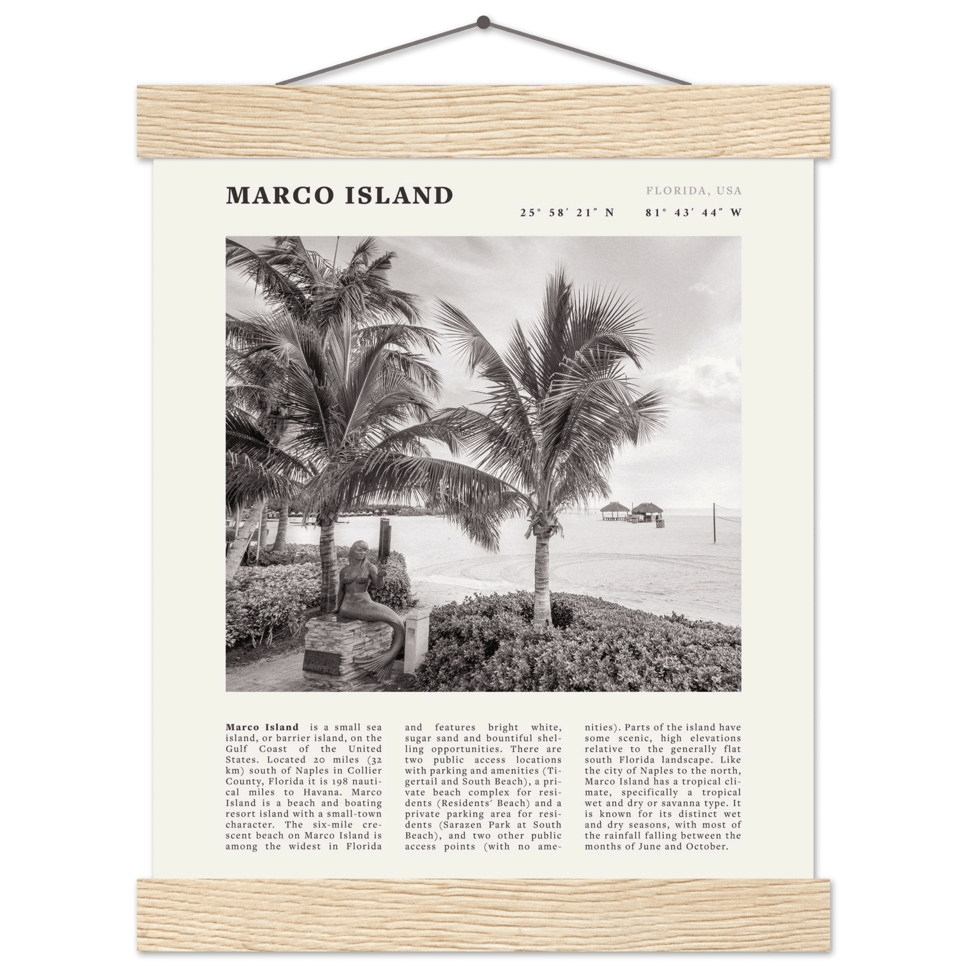 Marco Island Poster | Black & White Florida Beach Wall Art | Coastal Travel Print - Evergreen Posters