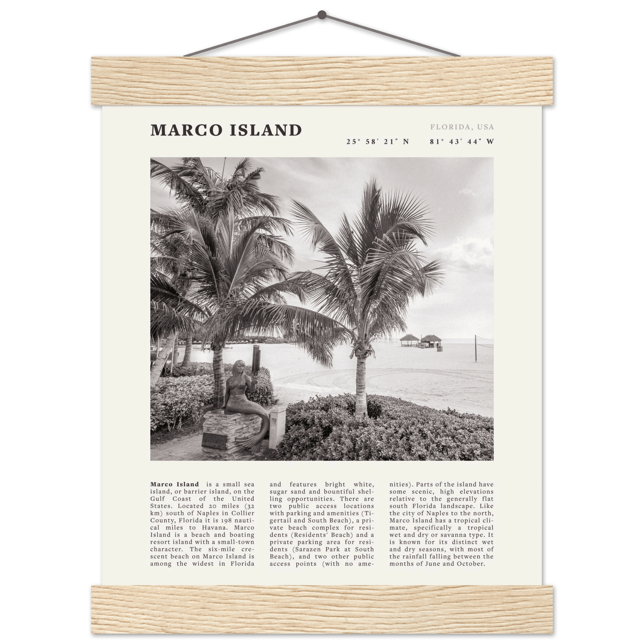 Marco Island Poster | Black & White Florida Beach Wall Art | Coastal Travel Print - Evergreen Posters
