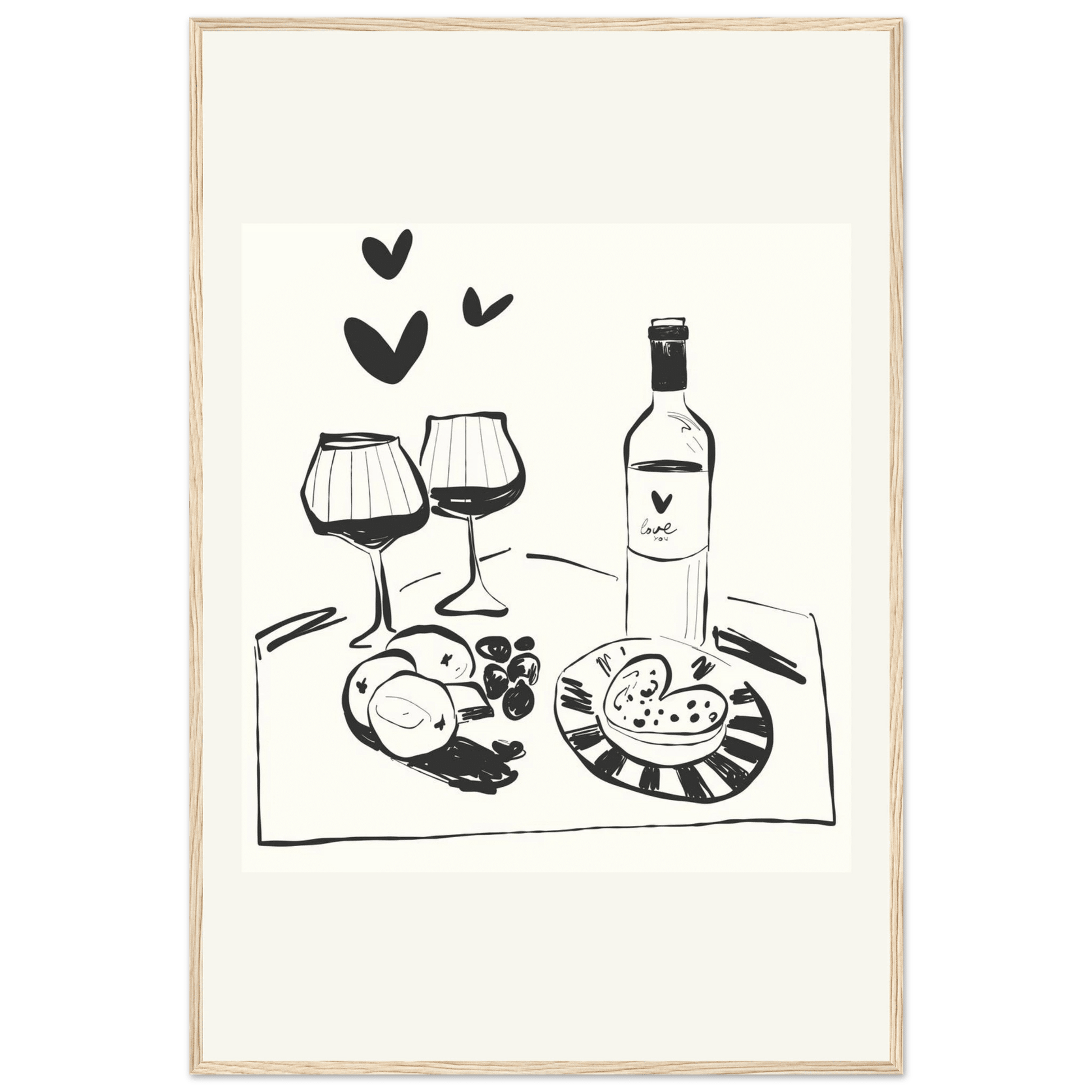 Wine for Two Print | Black Line Art Romantic Kitchen Wall Art | Couples Poster - Evergreen Posters