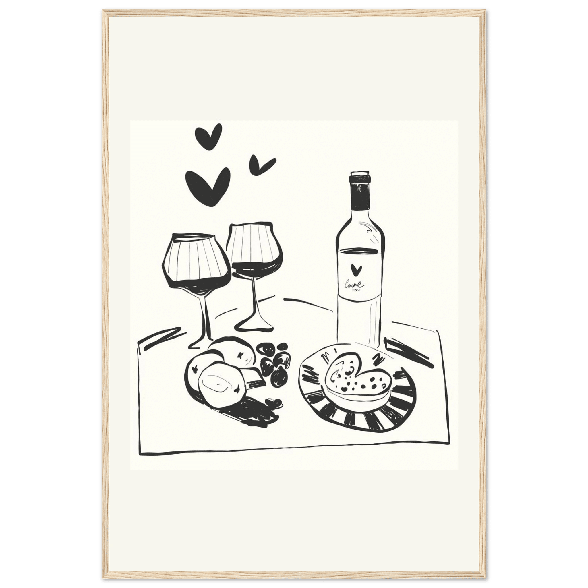Wine for Two Print | Black Line Art Romantic Kitchen Wall Art | Couples Poster - Evergreen Posters