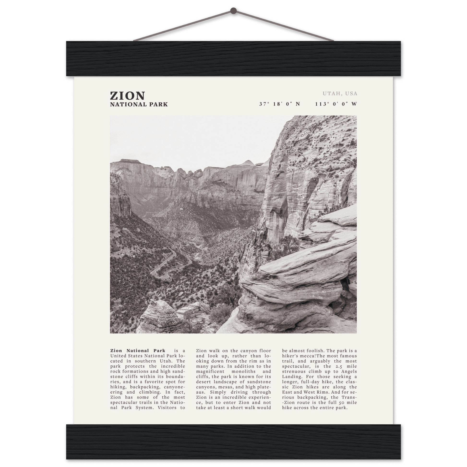 Zion National Park Poster | Black & White Utah Canyon Wall Art | USA Travel Print - Evergreen Posters