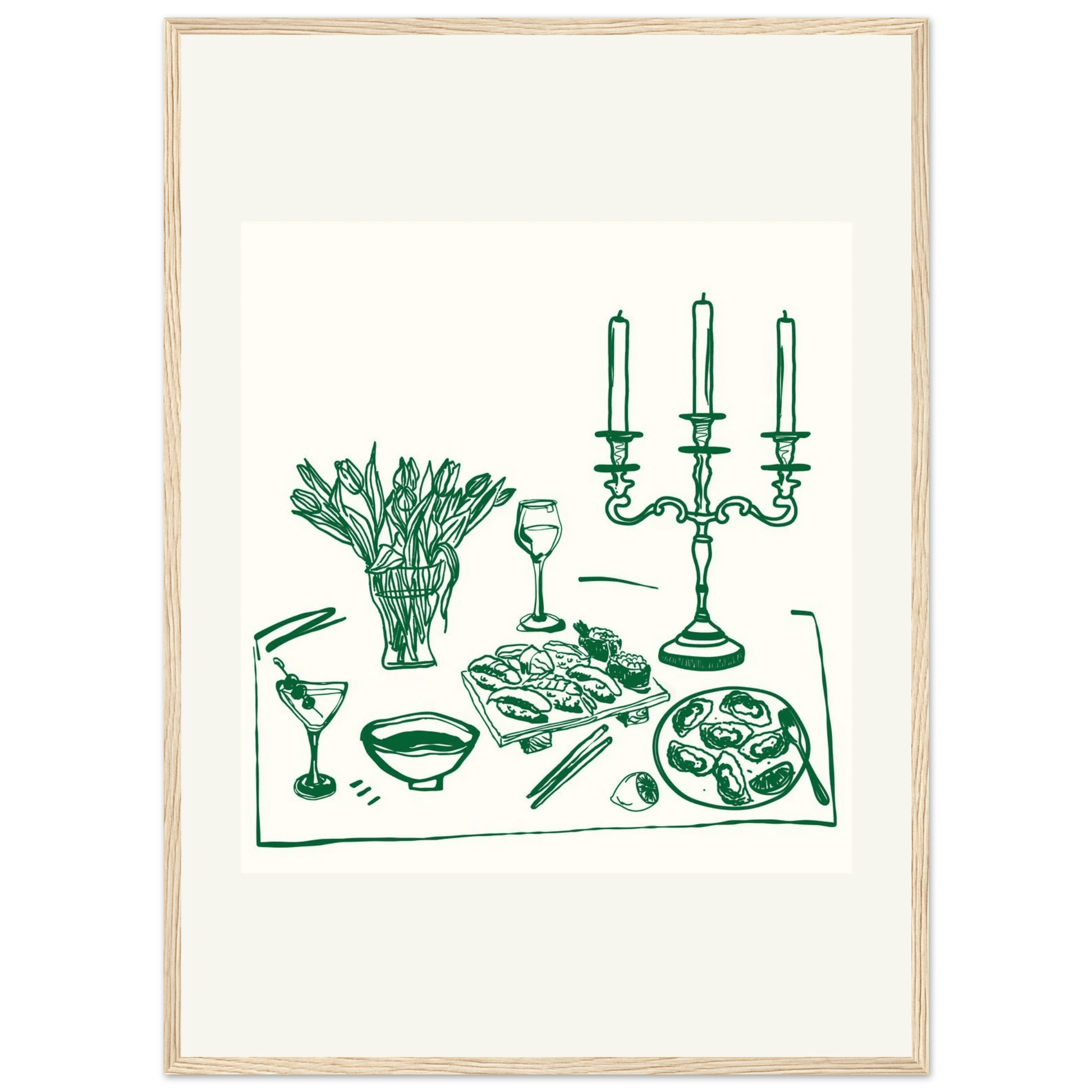 Fine Dining Table Print | Green Line Art Kitchen Wall Art | Elegant Dining Room Poster - Evergreen Posters
