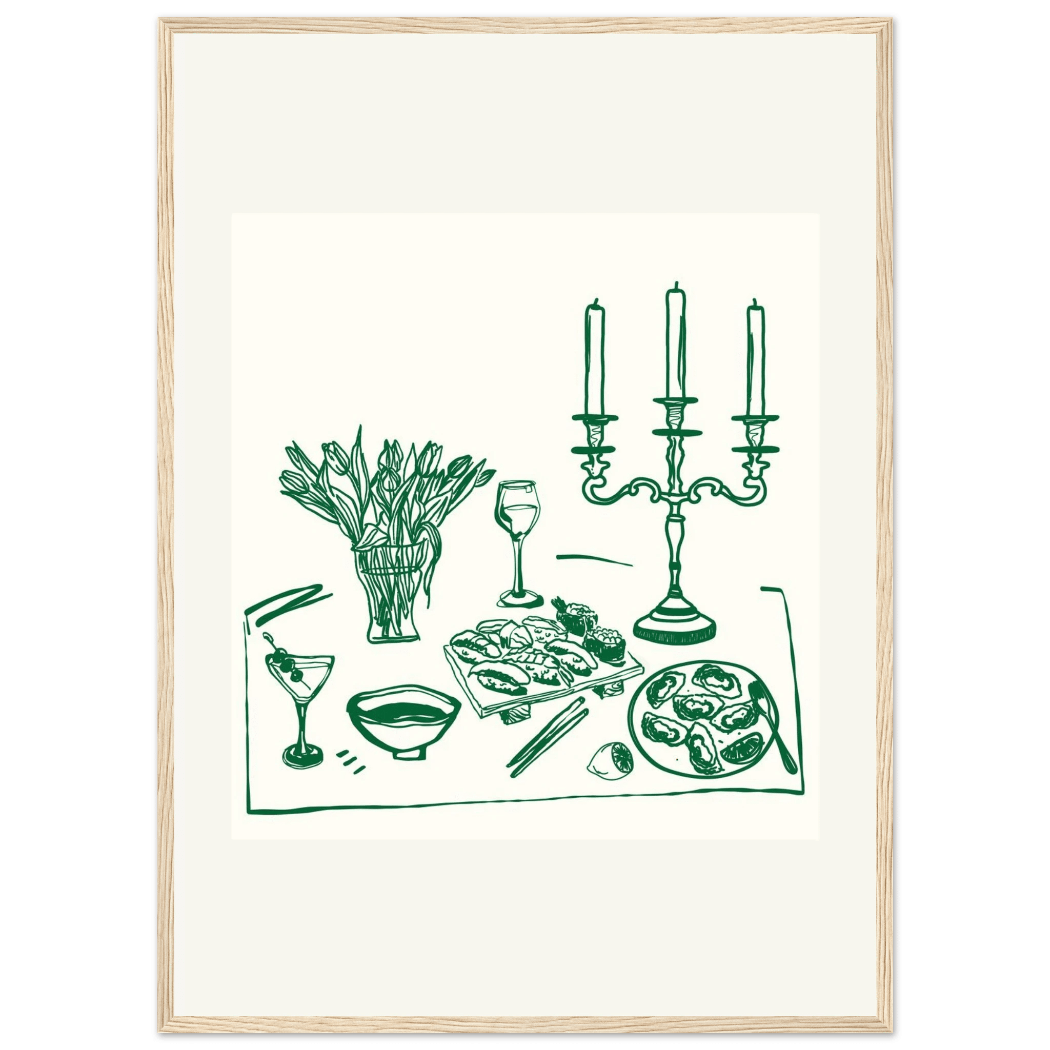 Fine Dining Table Print | Green Line Art Kitchen Wall Art | Elegant Dining Room Poster - Evergreen Posters