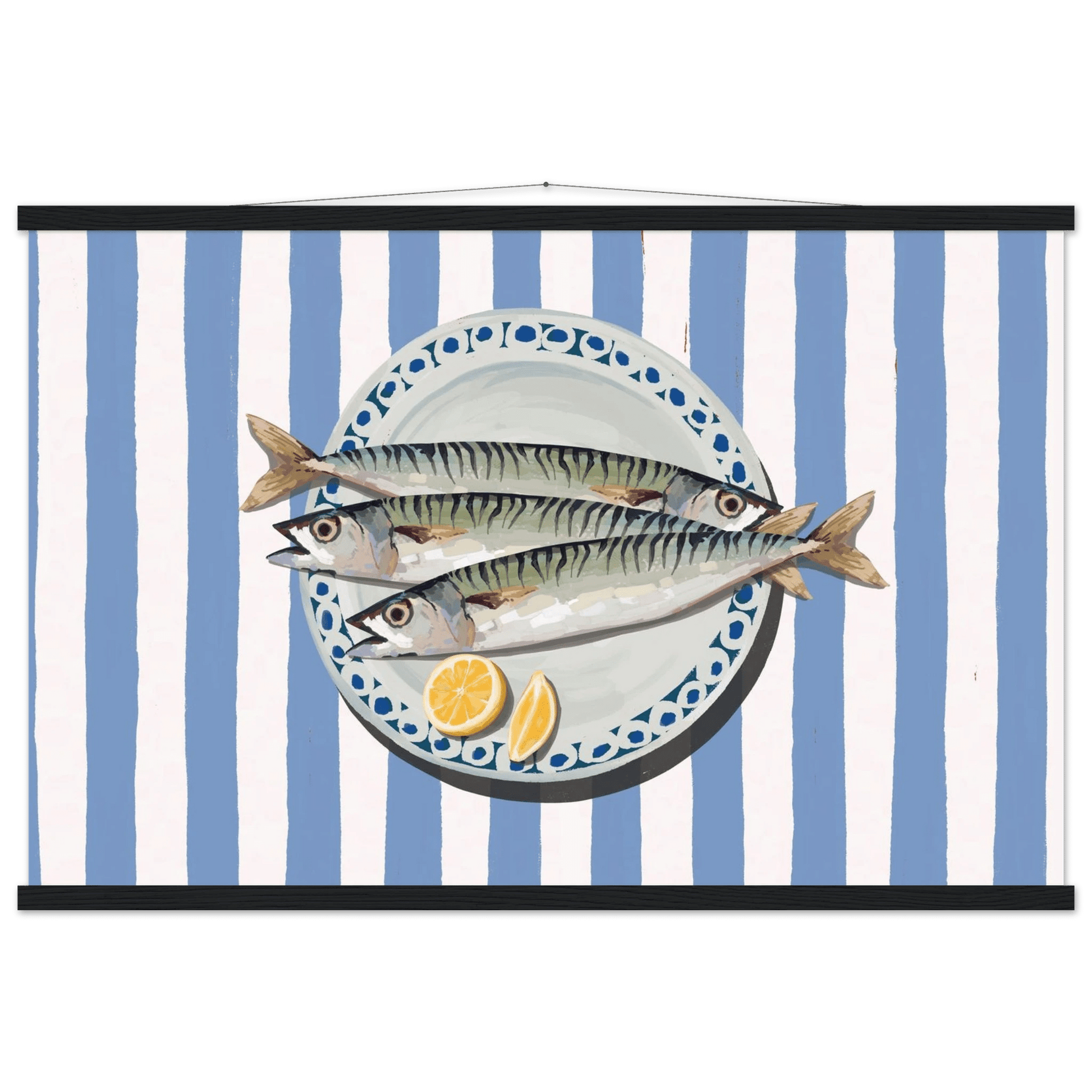 Sardines Print | Blue Stripe Fish Kitchen Wall Art | Coastal Food Poster - Evergreen Posters