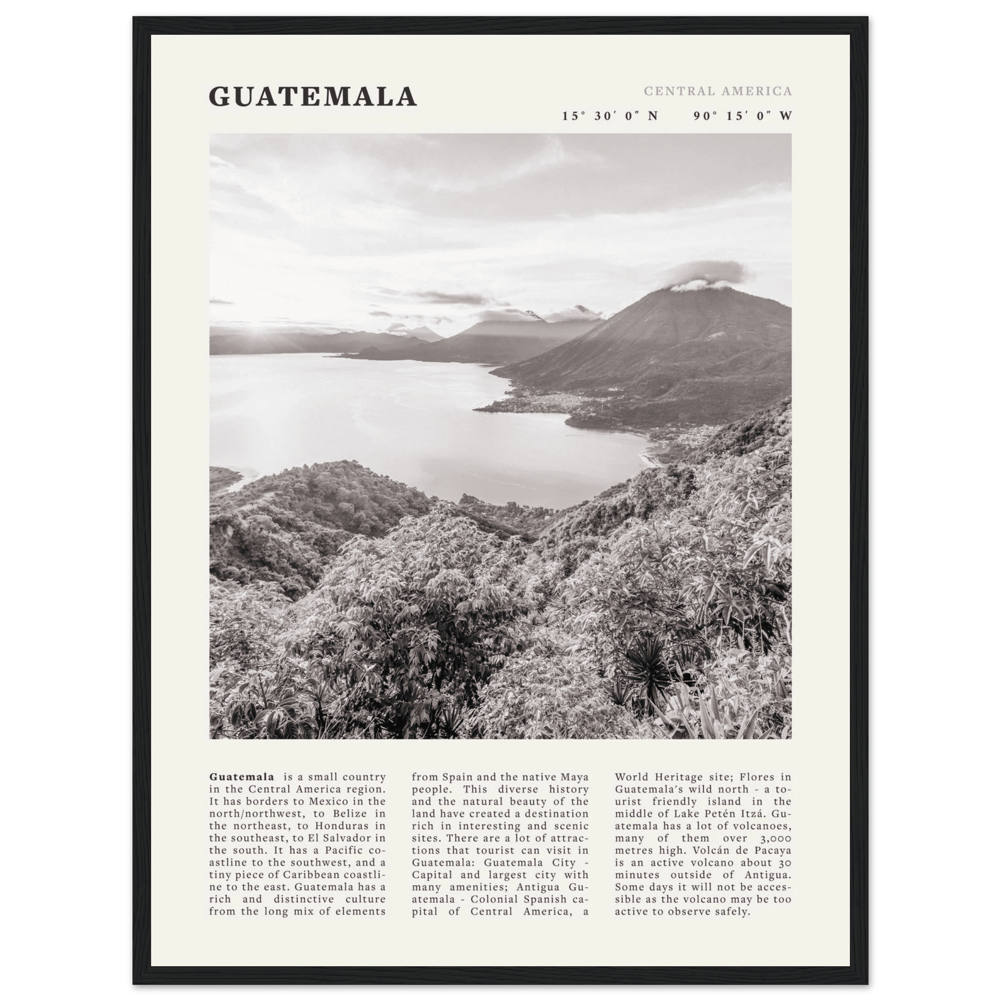 Guatemala Poster | Black & White Lake Atitlan Wall Art | Central America Travel Print - Evergreen Posters