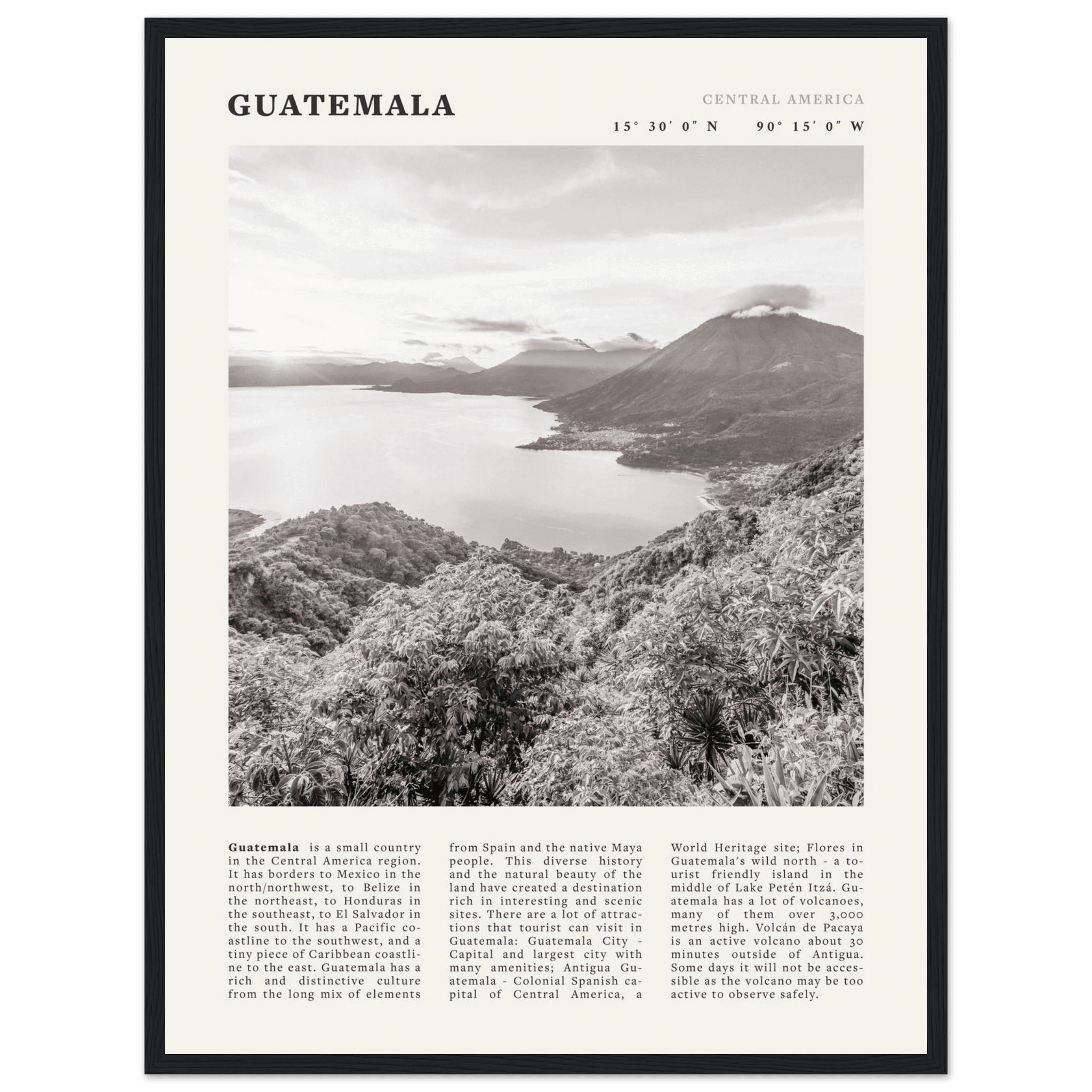 Guatemala Poster | Black & White Lake Atitlan Wall Art | Central America Travel Print - Evergreen Posters