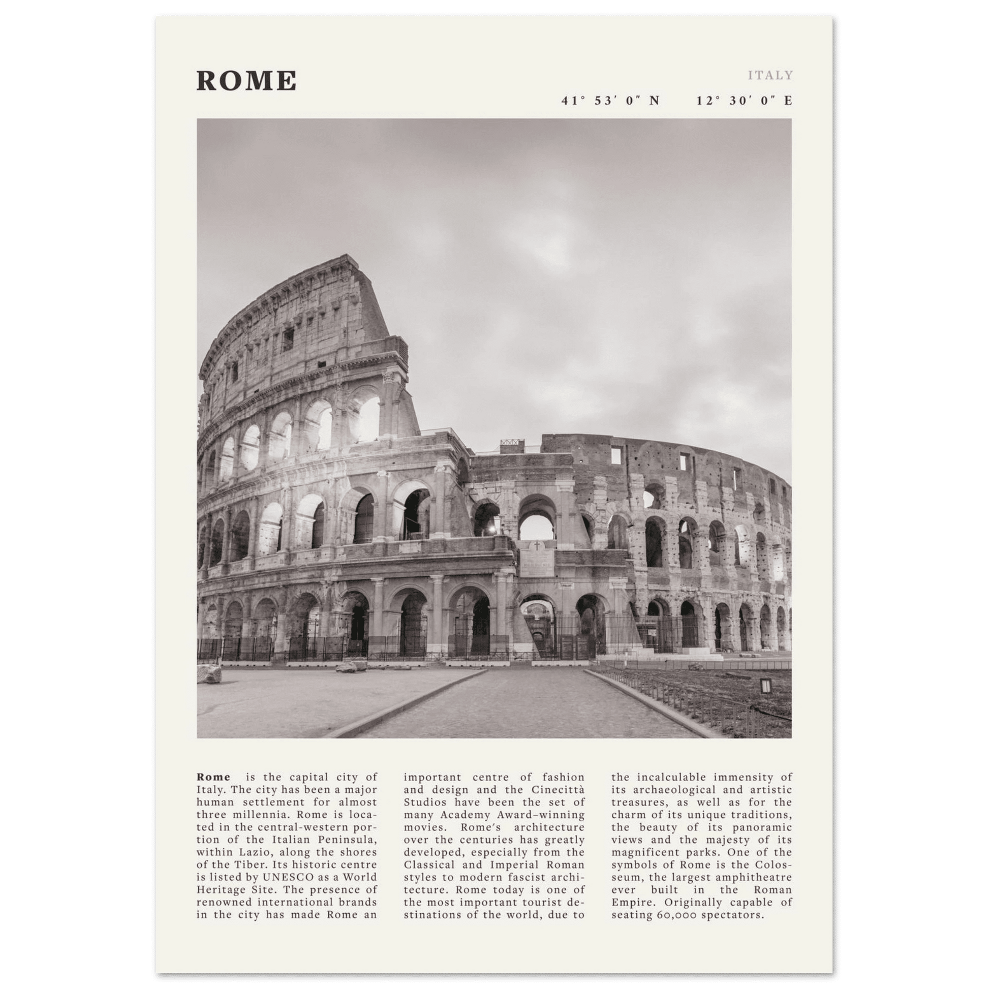 Rome Poster | Black & White Colosseum Wall Art | Italy Travel Print | Roman Decor - Evergreen Posters