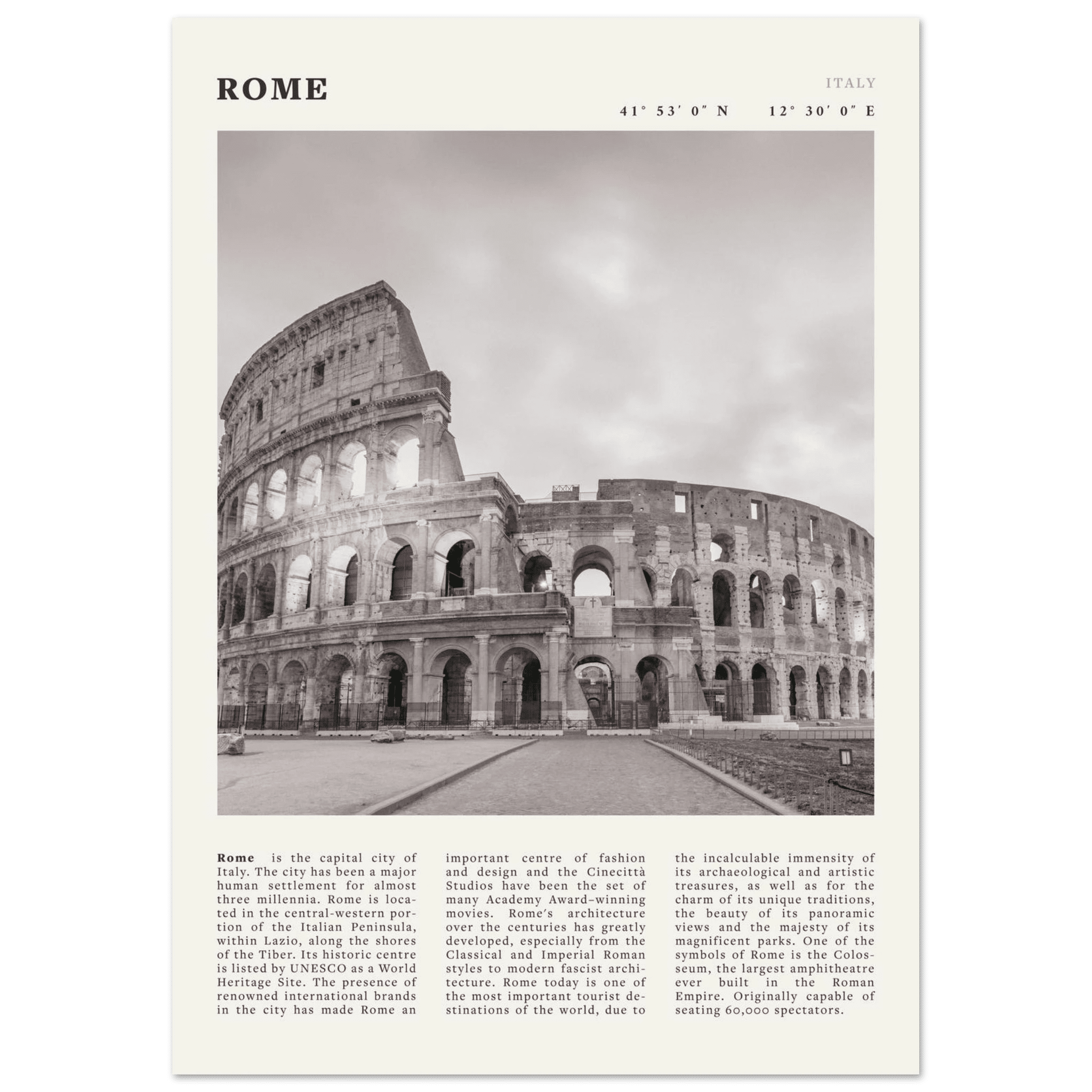 Rome Poster | Black & White Colosseum Wall Art | Italy Travel Print | Roman Decor - Evergreen Posters