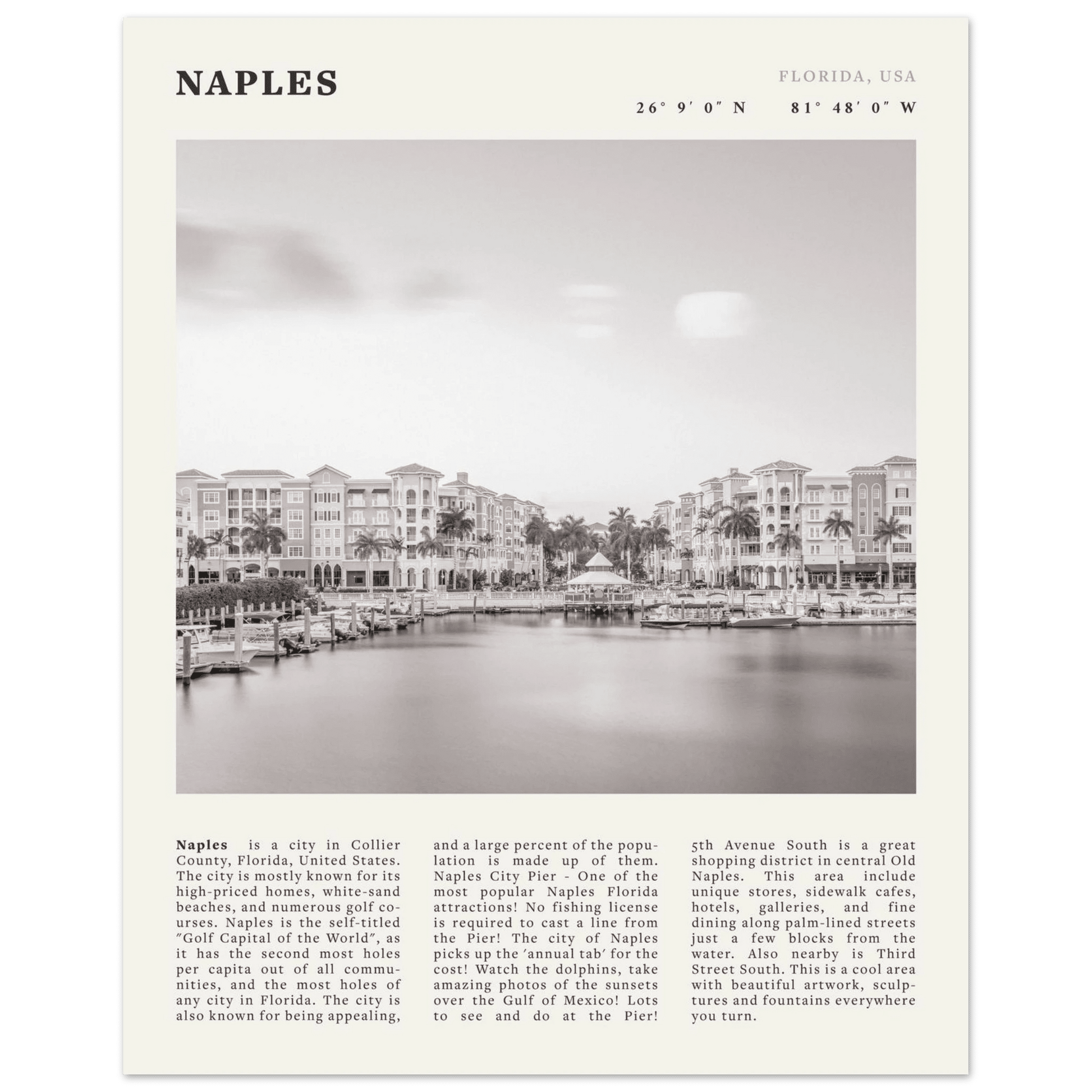 Naples Florida Poster | Black & White Gulf Coast Wall Art | FL Travel Print - Evergreen Posters