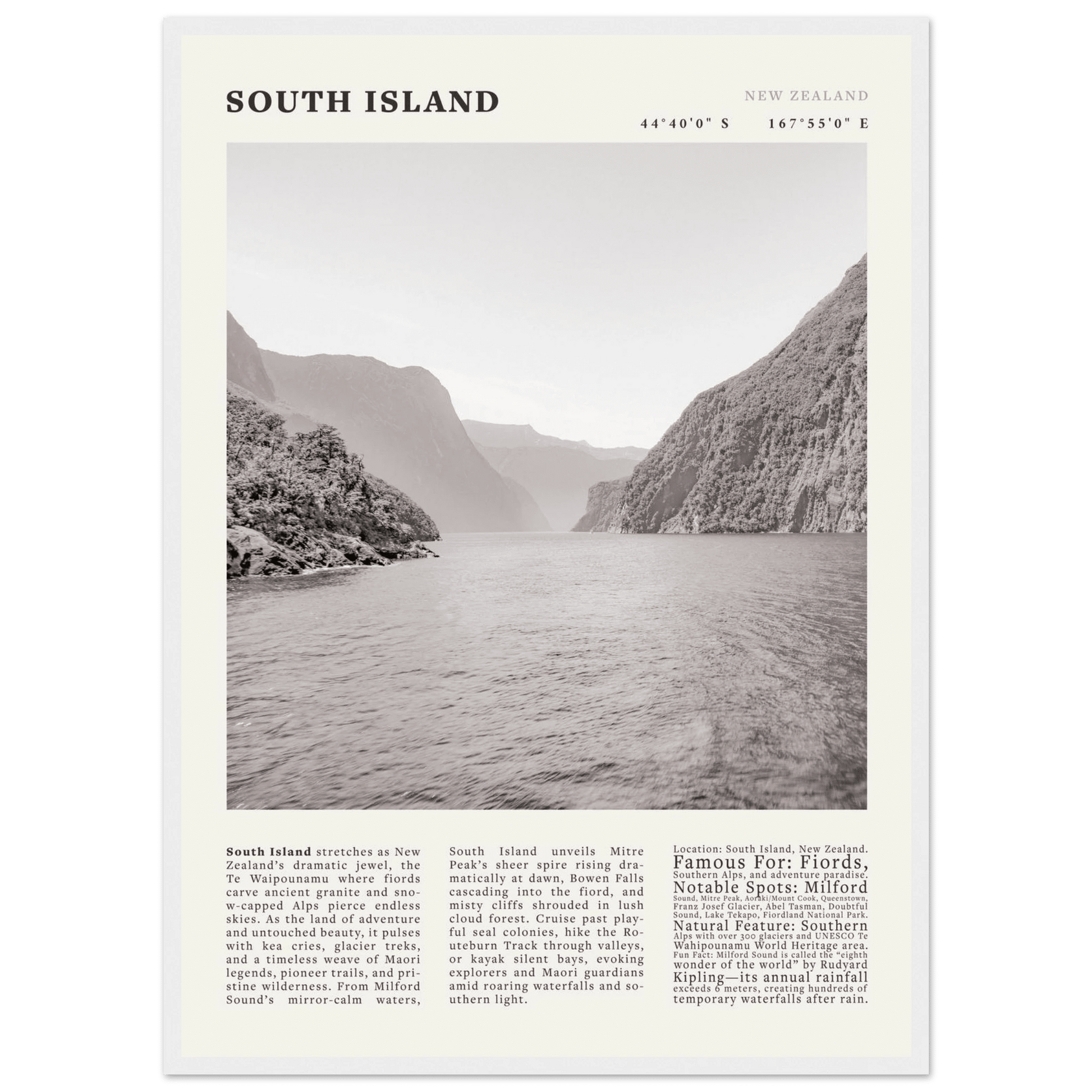 South Island New Zealand Poster Black and White – Vintage Milford Sound Fjord Print - Evergreen Posters