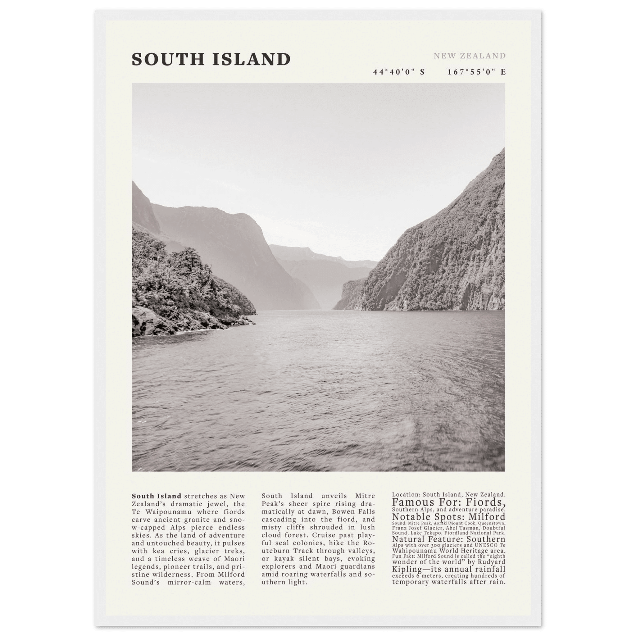 South Island New Zealand Poster Black and White – Vintage Milford Sound Fjord Print - Evergreen Posters