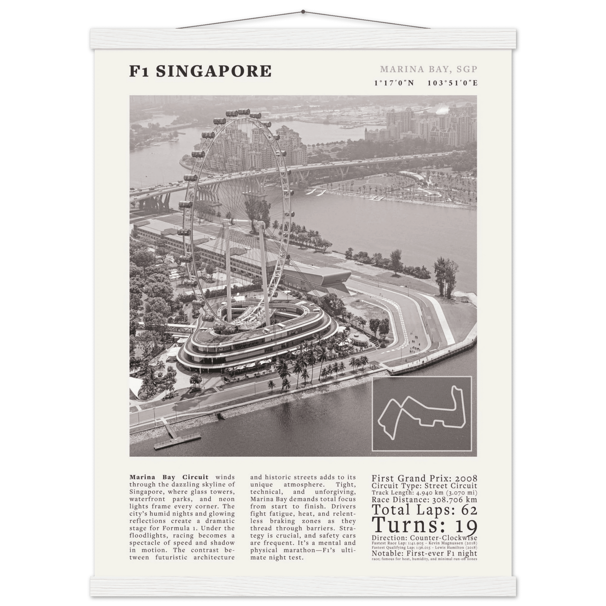 F1 Singapore Poster Black and White – Vintage Marina Bay Night Race Print (Digital & Printed Options) - Evergreen Posters
