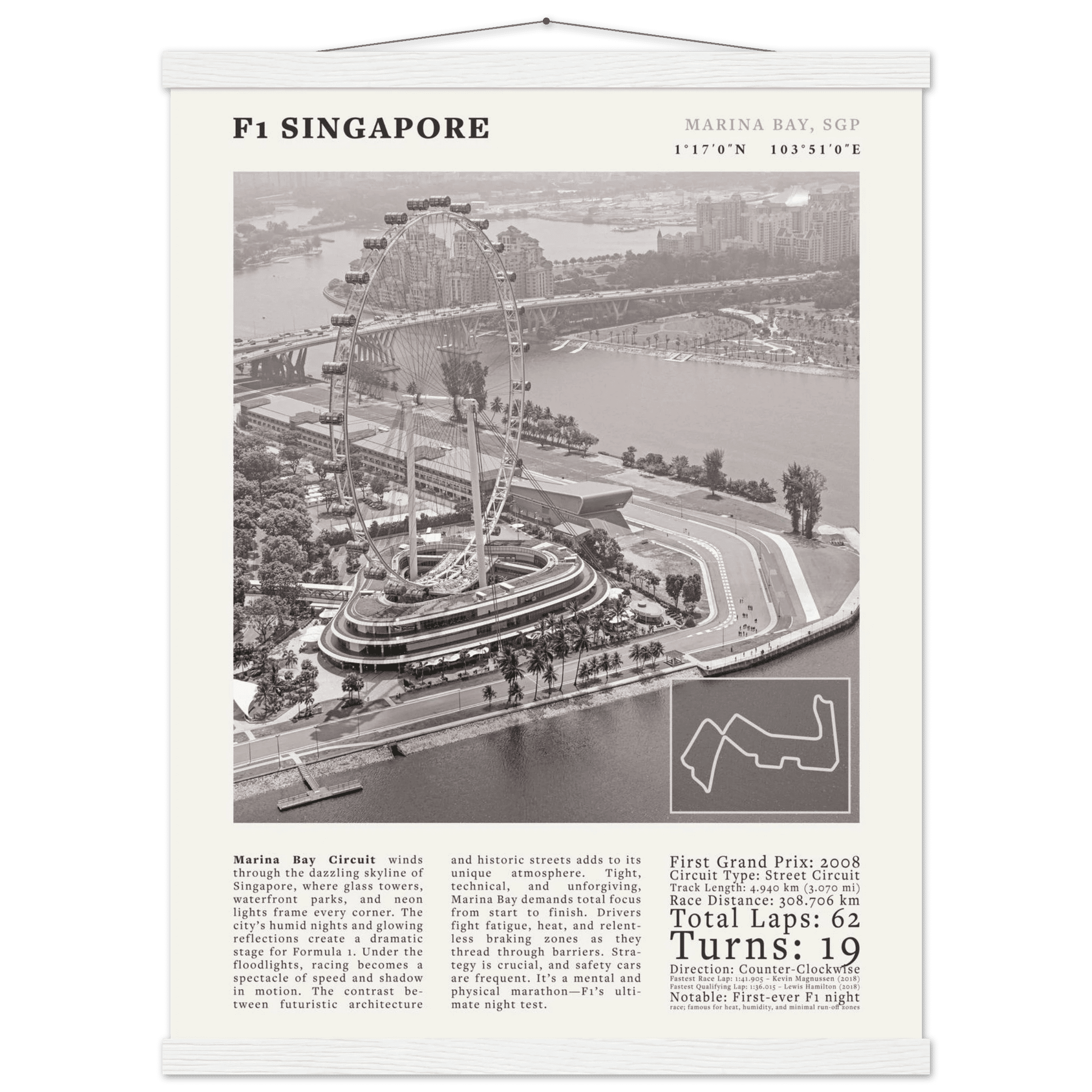 F1 Singapore Poster Black and White – Vintage Marina Bay Night Race Print (Digital & Printed Options) - Evergreen Posters