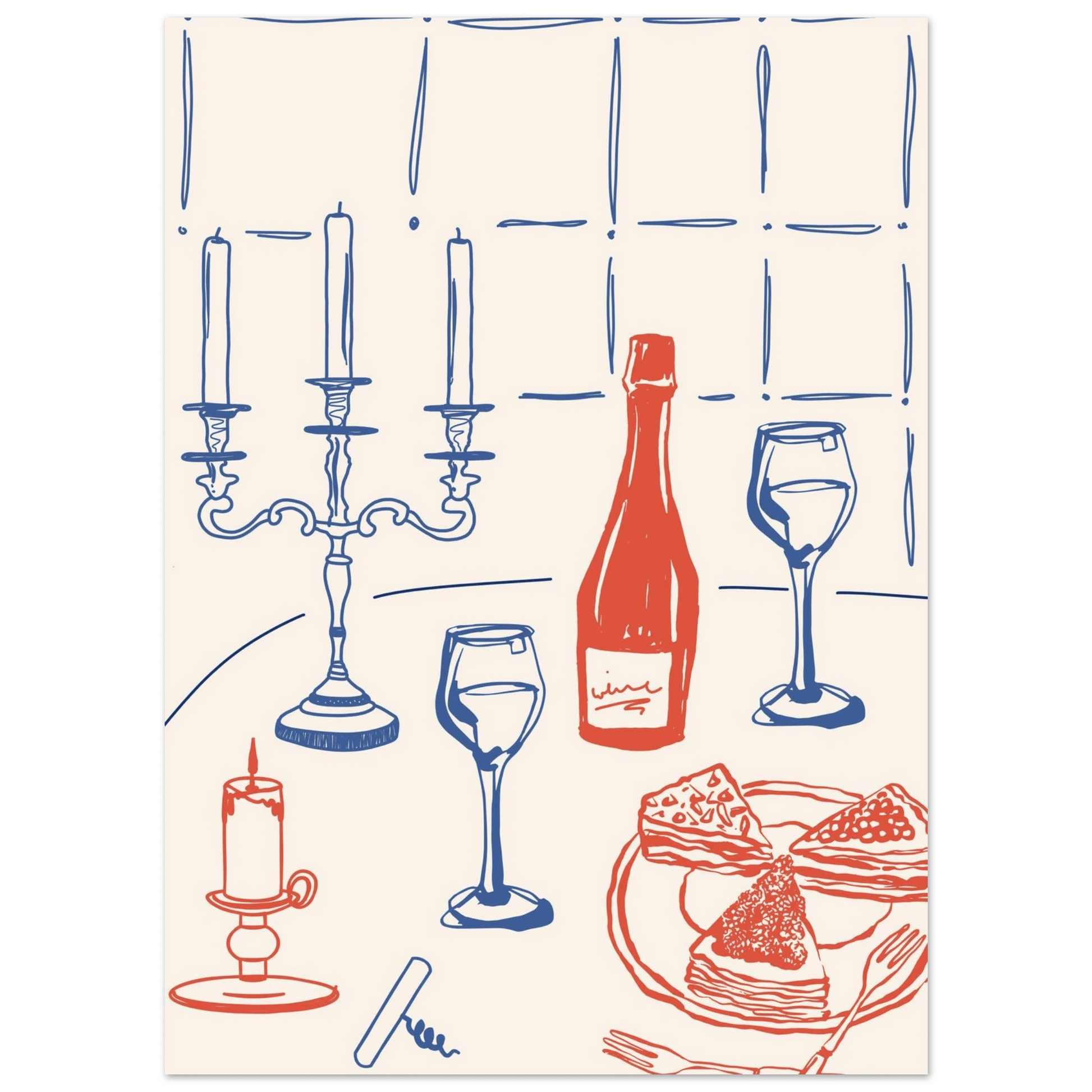 Candlelight Dinner Print | Wine & Candelabra Line Art Wall Art | Kitchen Poster - Evergreen Posters