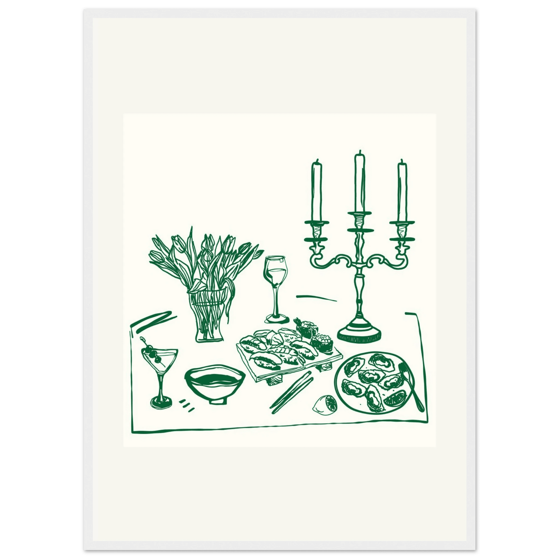 Fine Dining Table Print | Green Line Art Kitchen Wall Art | Elegant Dining Room Poster - Evergreen Posters